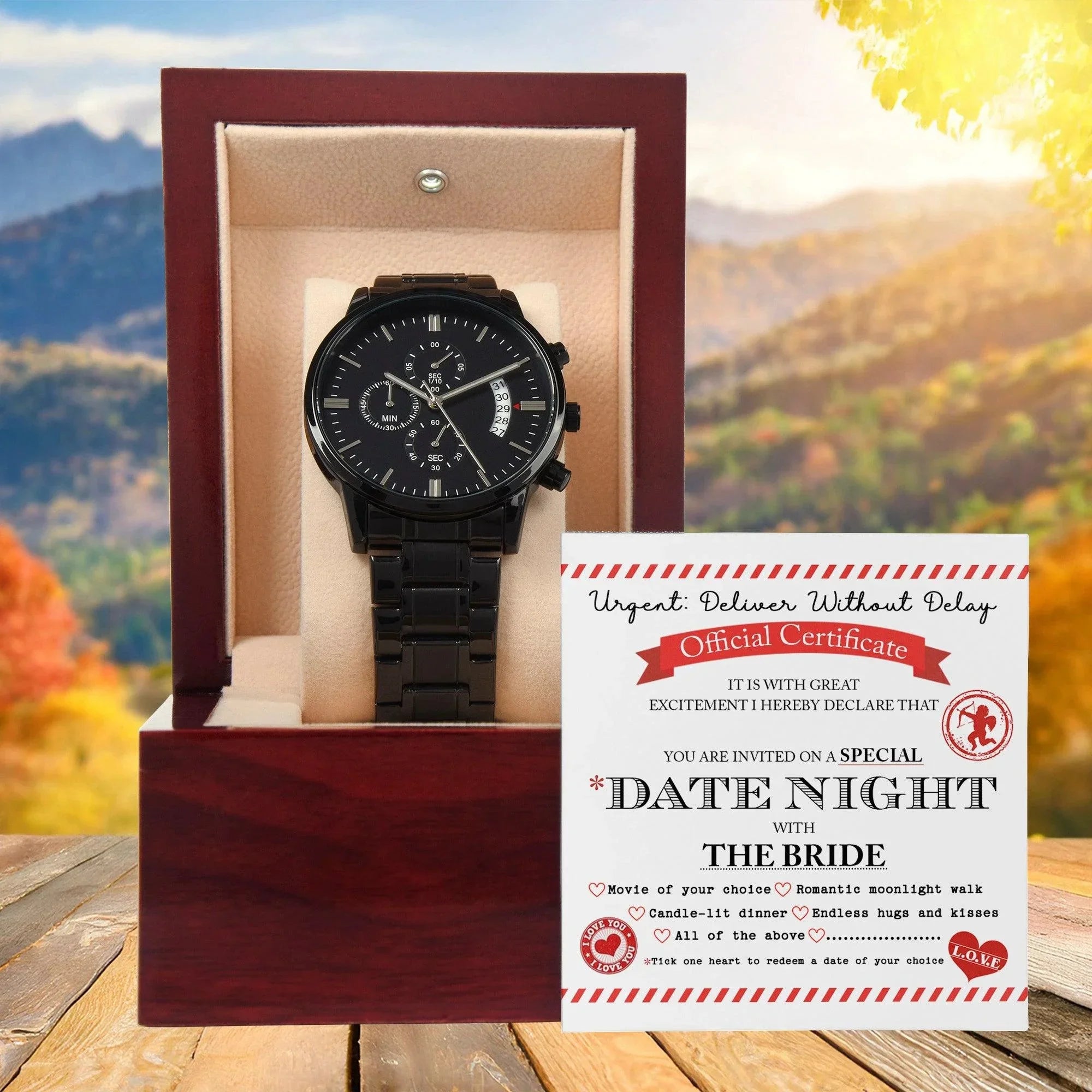 Groom Wedding Day Gift - Date Night - Black Chronograph Watch