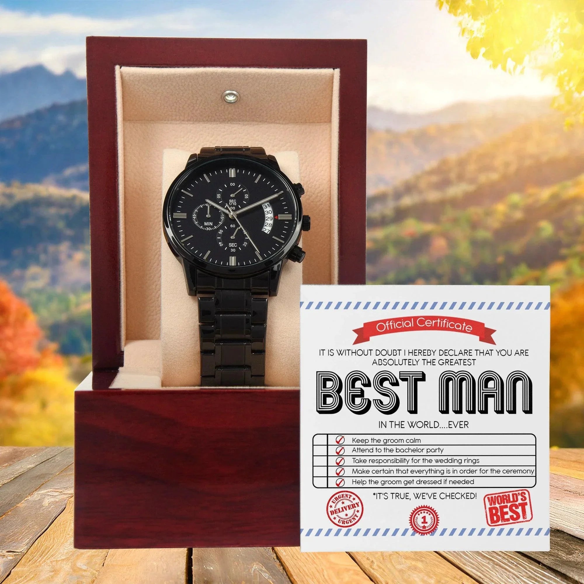 Best Man Wedding Day Gift - Official Certificate - Black Chronograph Watch