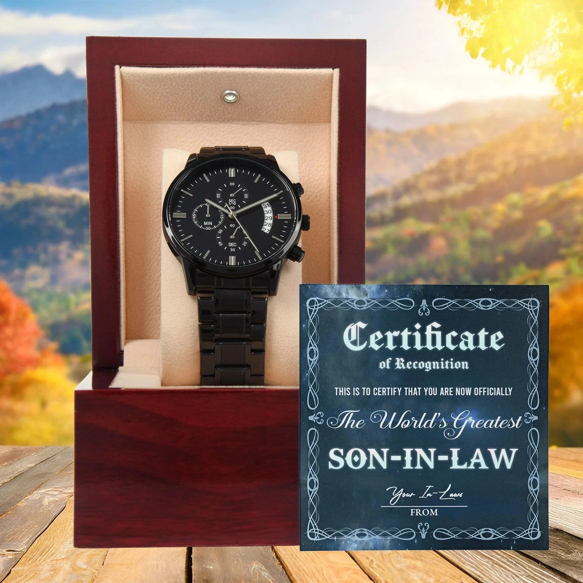Son-In-Law Wedding Day Gift-Certificate Of Achievement-Black Chronograph Watch