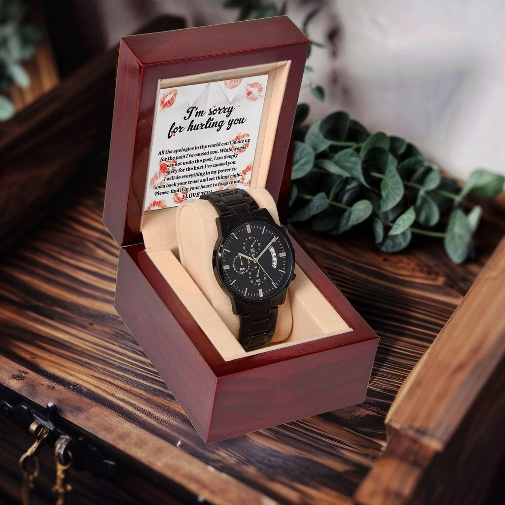 Apology Gift for Him "I'm Sorry for Hurting You" – Romantic Black Chronograph Watch with Heartfelt Message Card | Forgiveness Gift for Husband, Boyfriend, or Partner