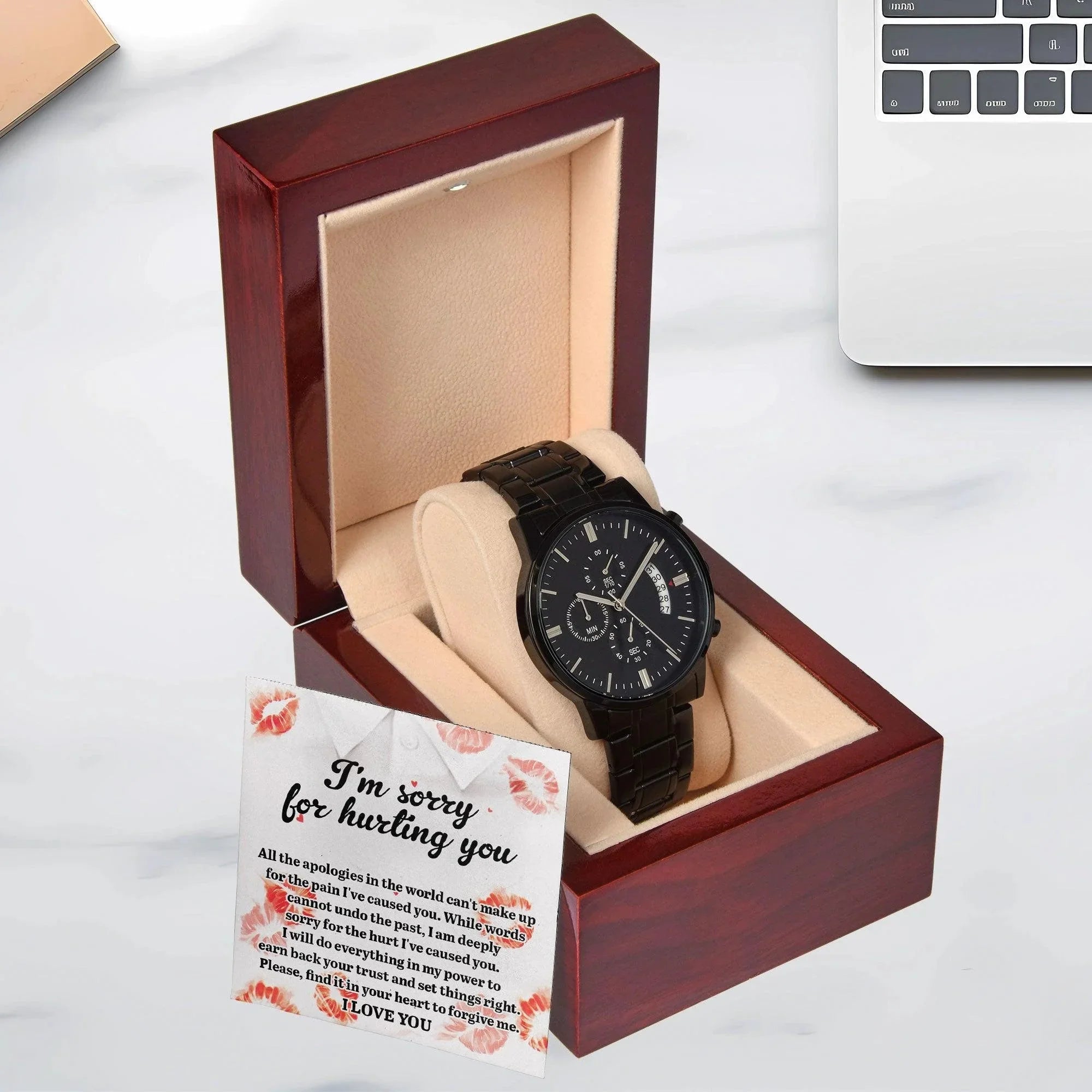 Apology Gift for Him "I'm Sorry for Hurting You" – Romantic Black Chronograph Watch with Heartfelt Message Card | Forgiveness Gift for Husband, Boyfriend, or Partner