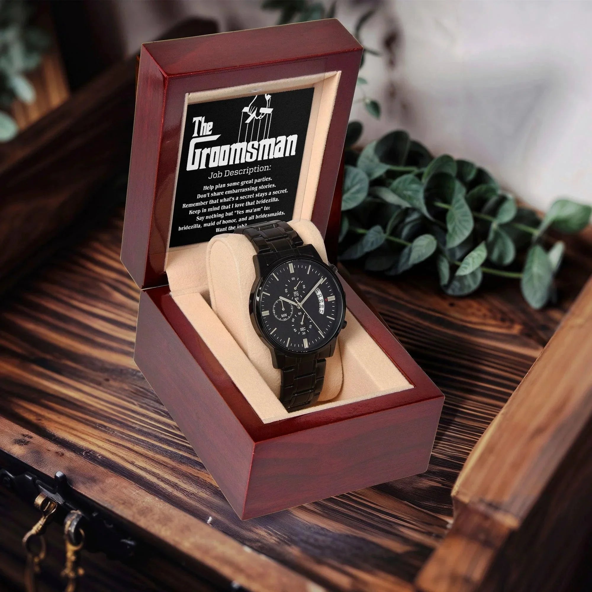 Groomsman Job Description Secrets Stay a Secret - Black Chronograph Watch Wedding Proposal from Groom