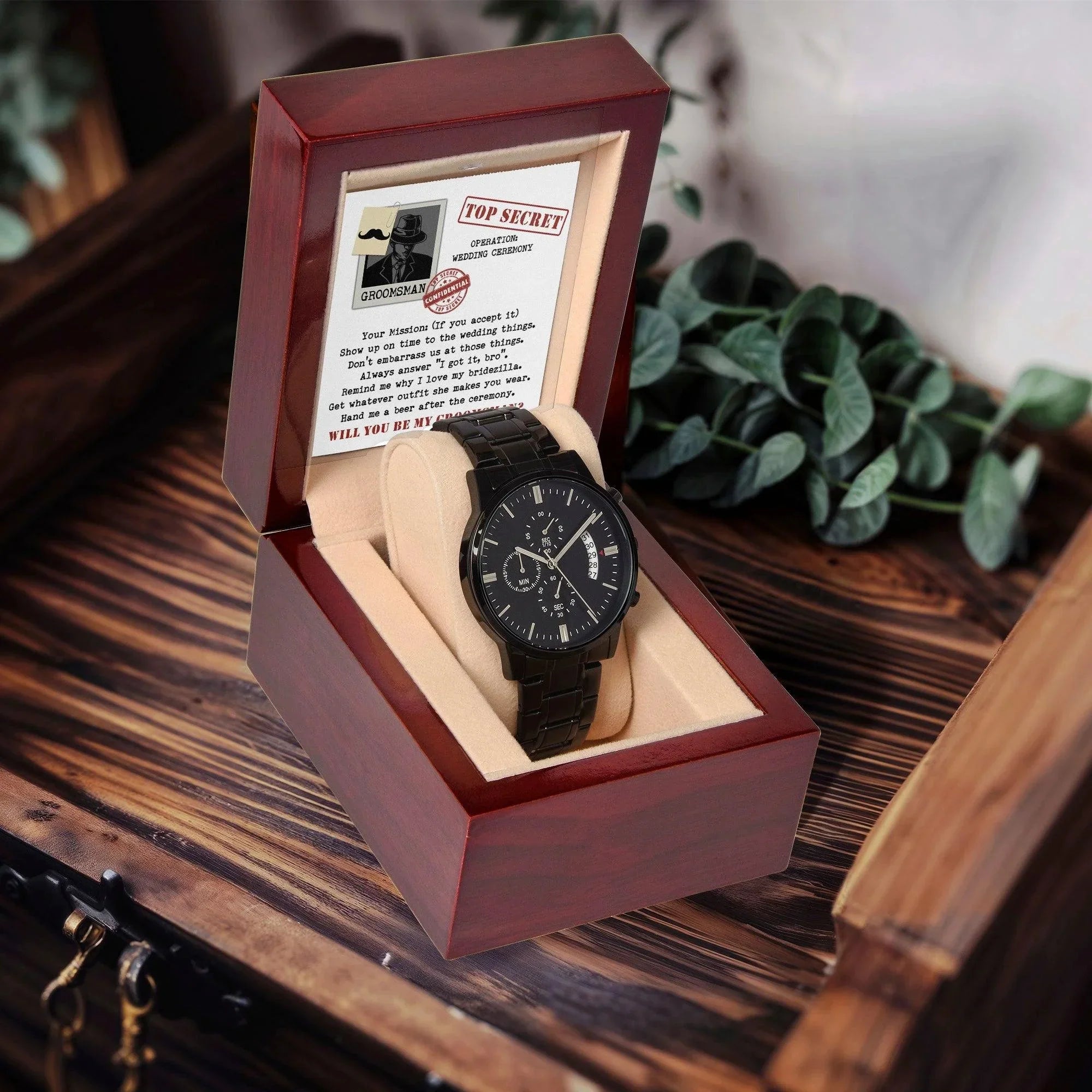 Groomsman Top Secret Mission - Black Chronograph Watch Gift Wedding Proposal Invite from Groom