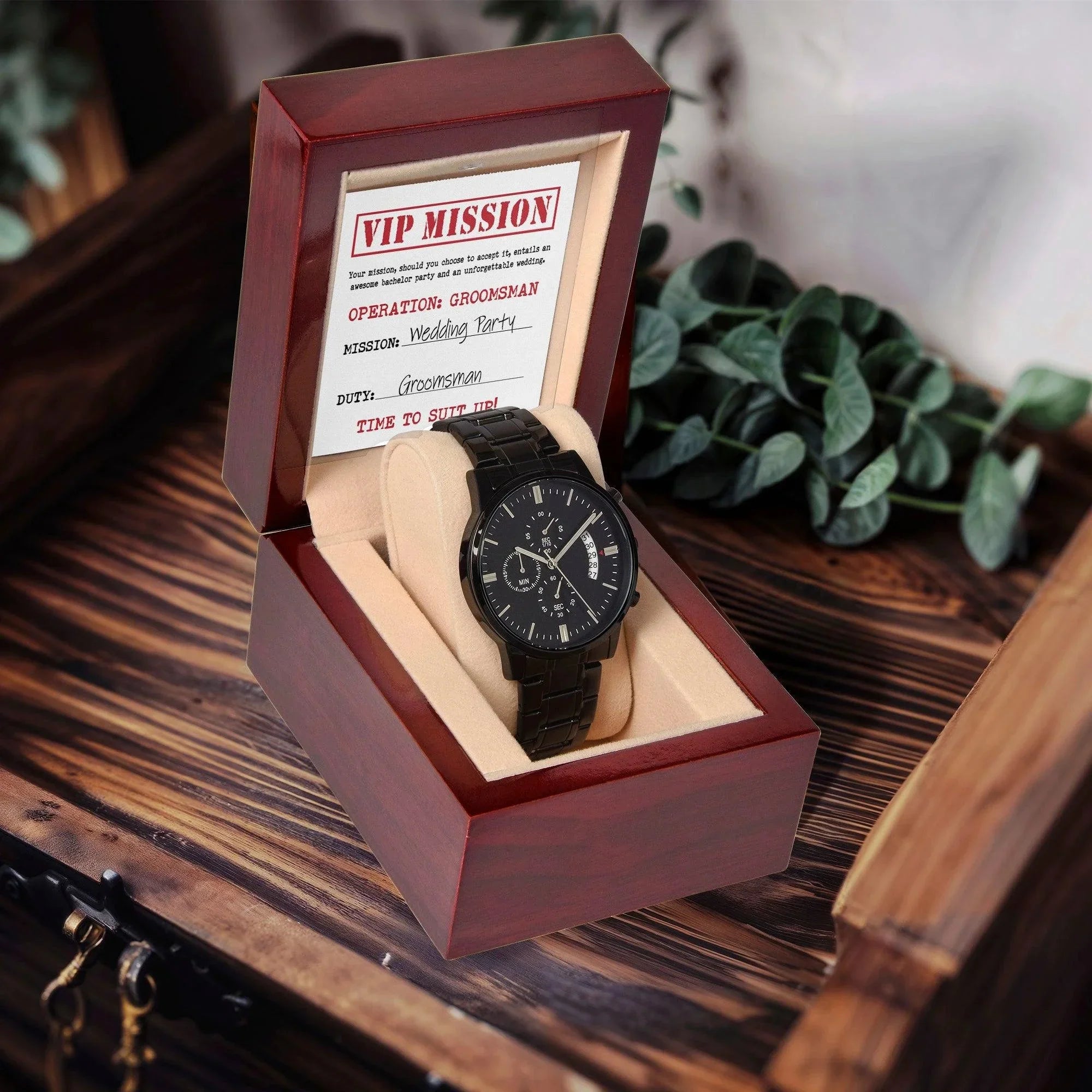 Groomsman Wedding Invite - VIP Mission Operation Groomsman - Black Chronograph Watch