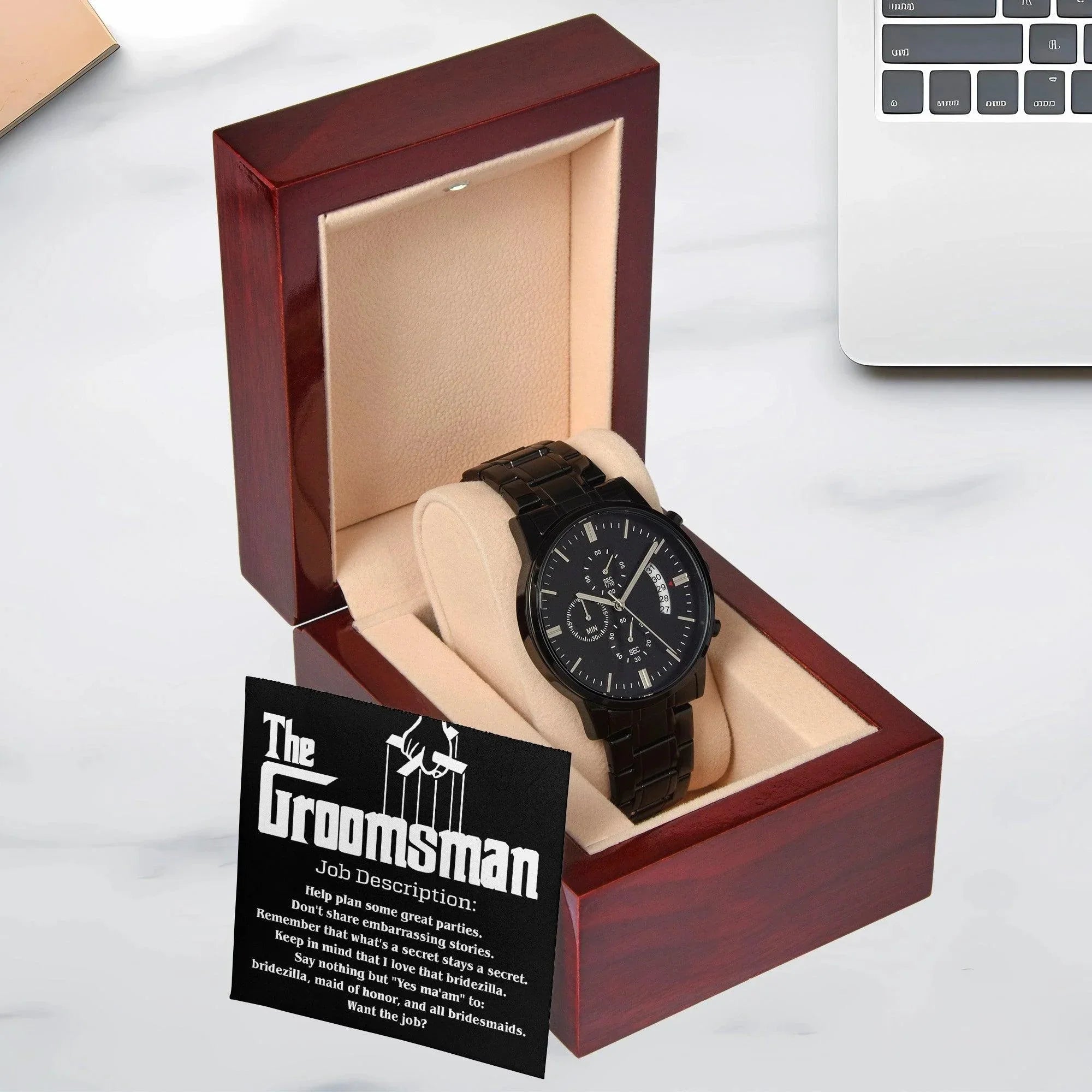 Groomsman Job Description Secrets Stay a Secret - Black Chronograph Watch Wedding Proposal from Groom