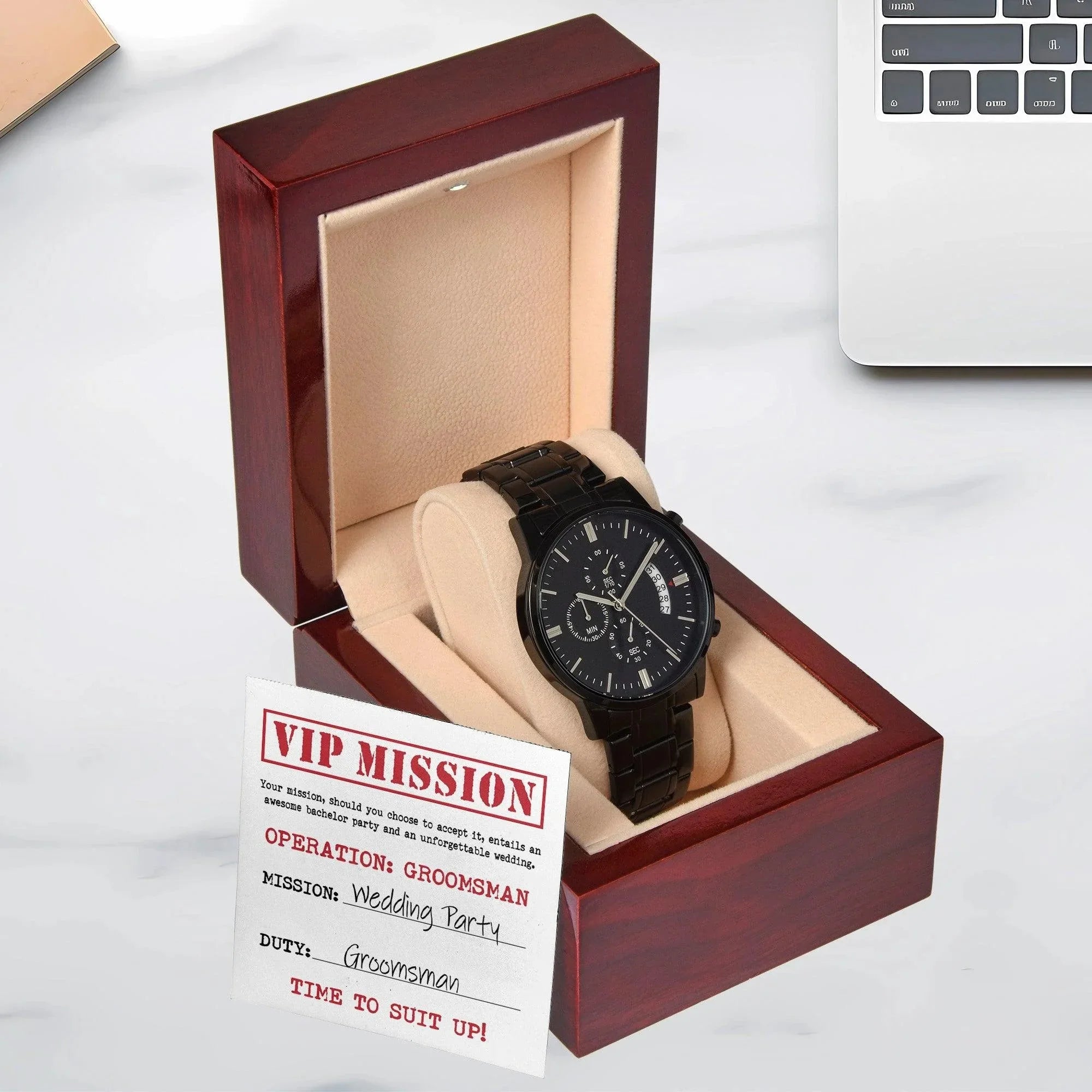 Groomsman Wedding Invite - VIP Mission Operation Groomsman - Black Chronograph Watch
