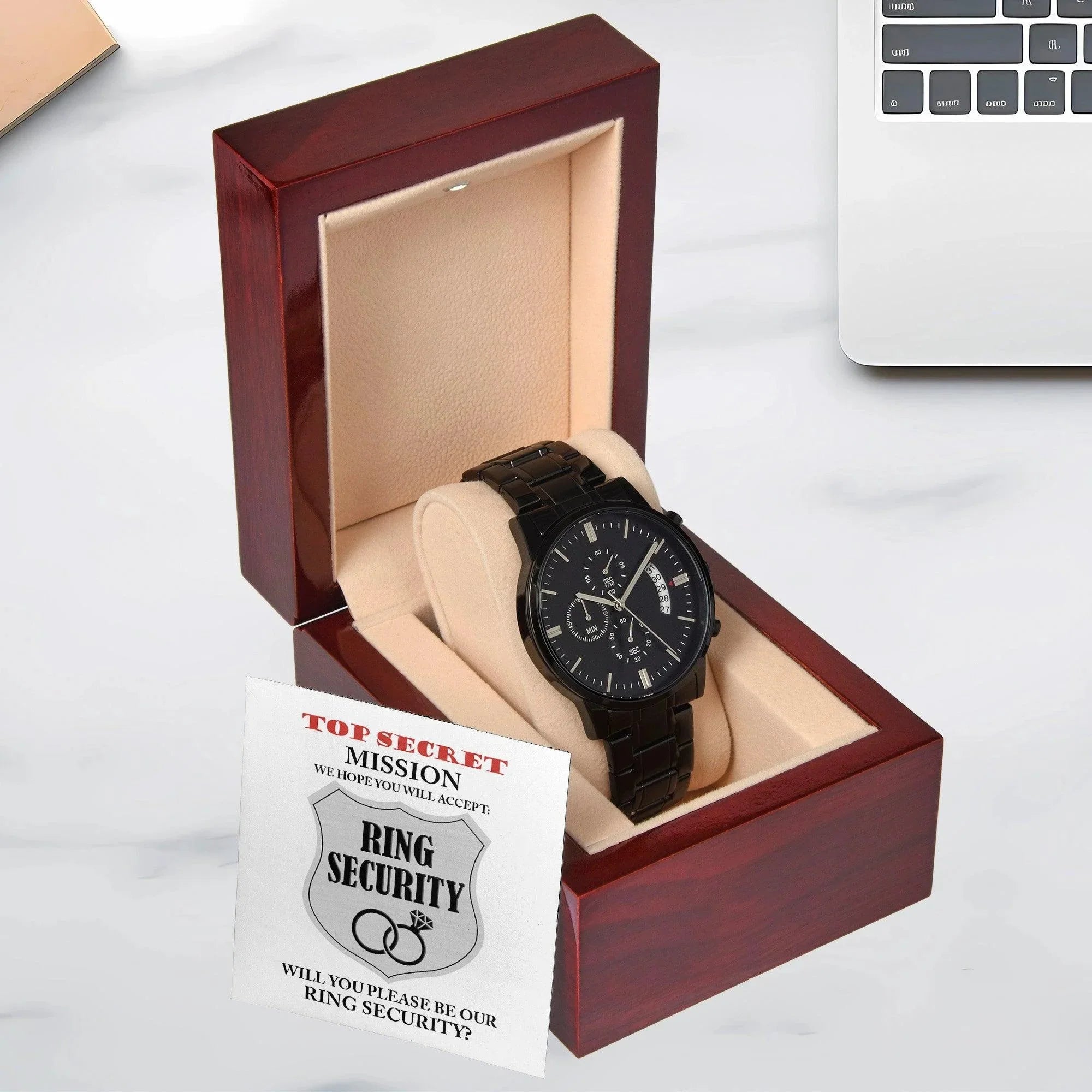 Gift for Best Man Top Secret Mission Ring Security Wedding Party Invite Black Chronograph Watch