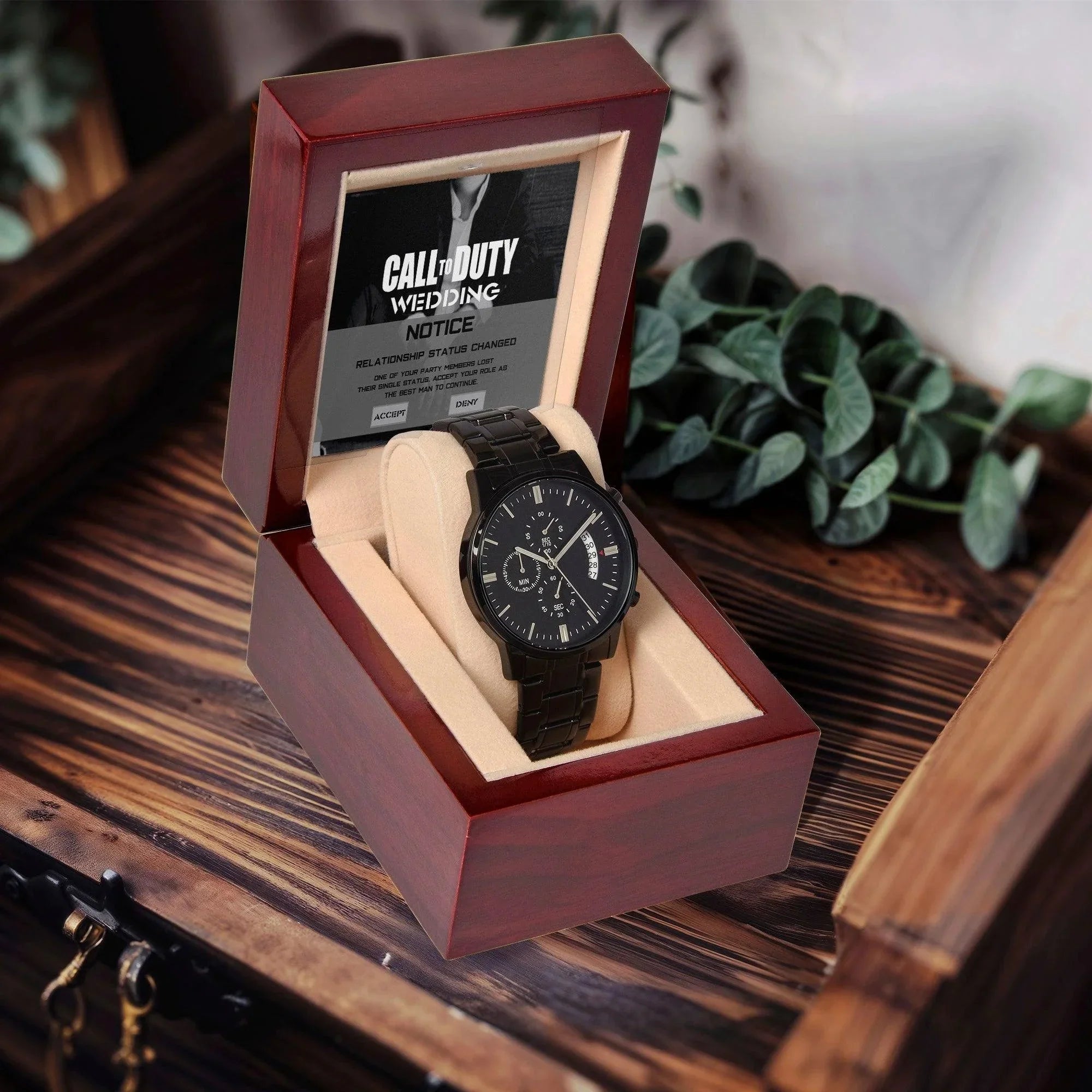 Best Man Proposal Wedding Invite - Called to Duty - Time to Suit Up - Black Chronograph Watch