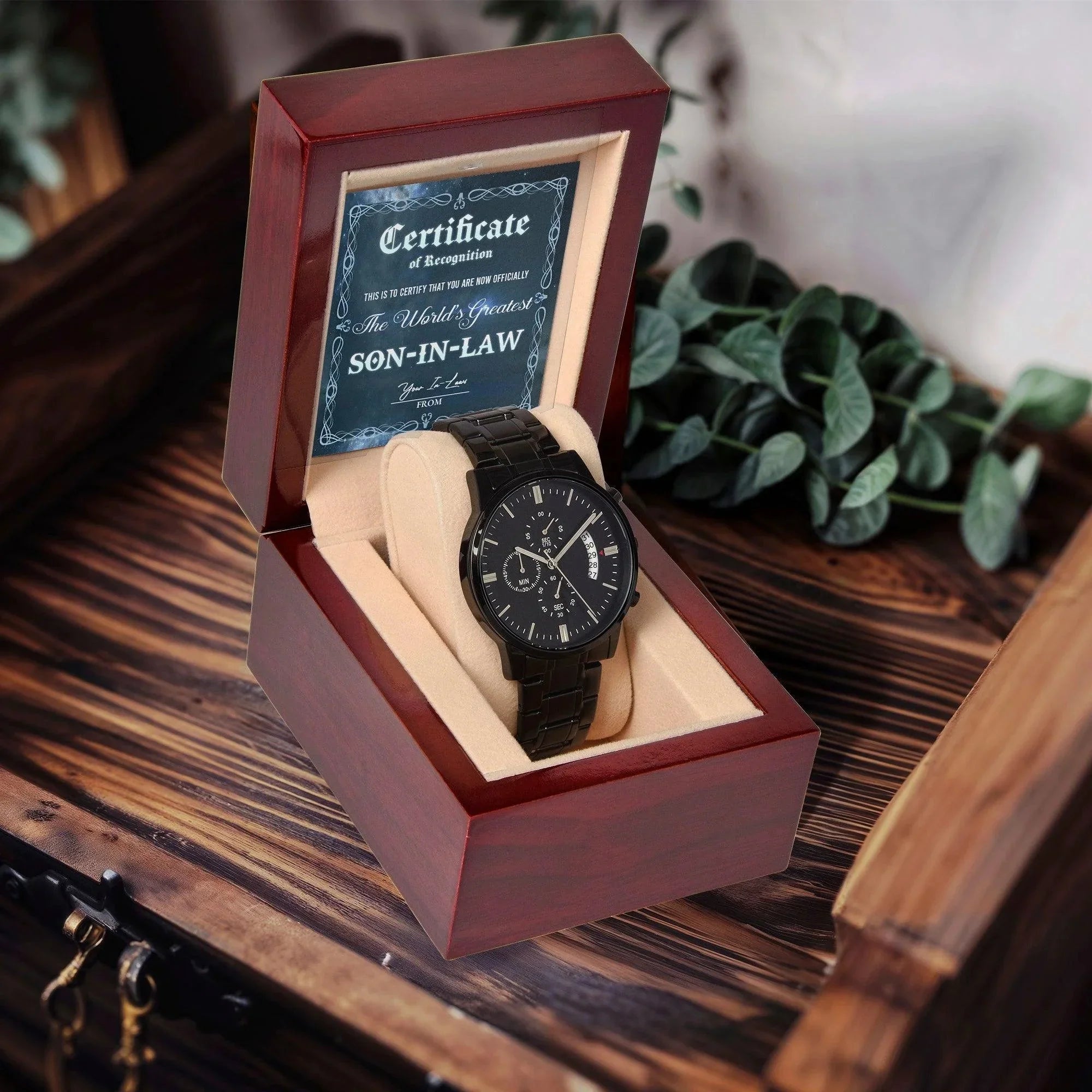 Son-In-Law Wedding Day Gift-Certificate Of Achievement-Black Chronograph Watch