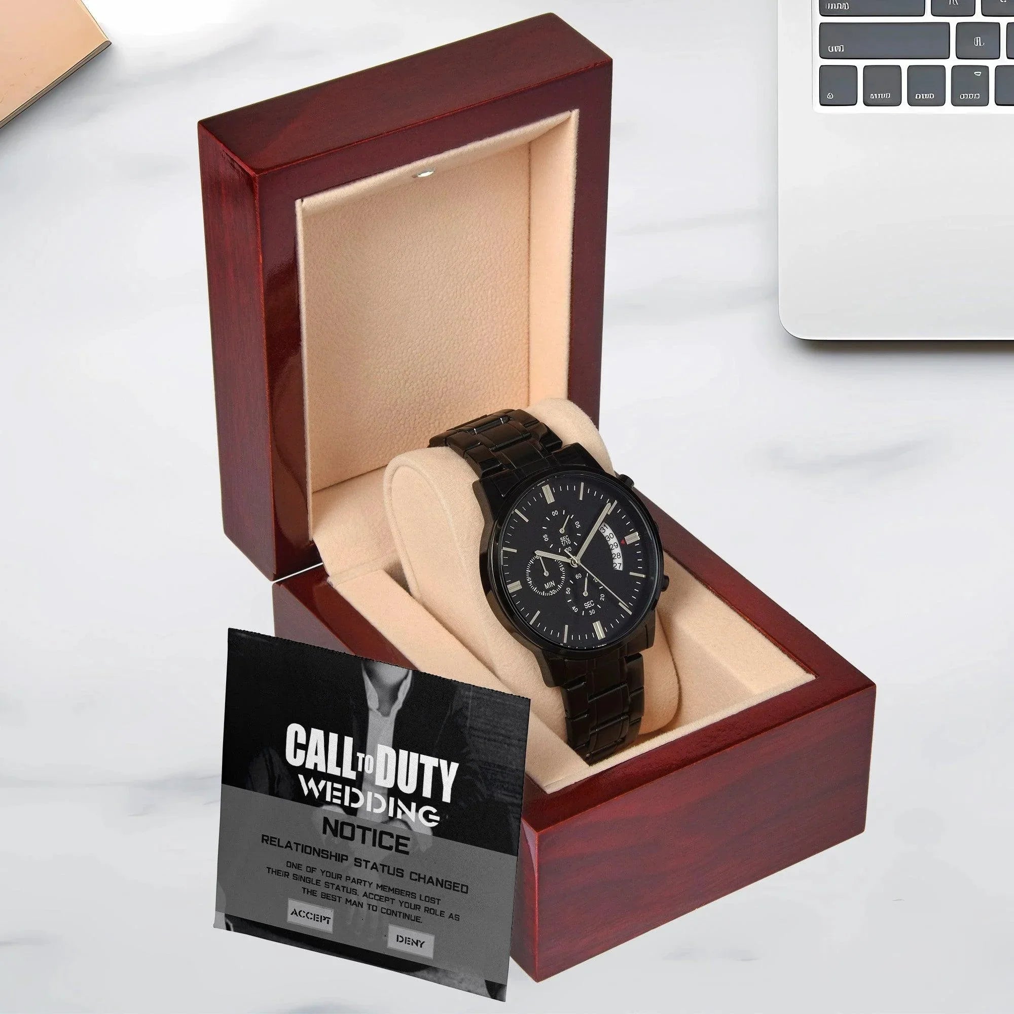 Best Man Proposal Wedding Invite - Called to Duty - Time to Suit Up - Black Chronograph Watch