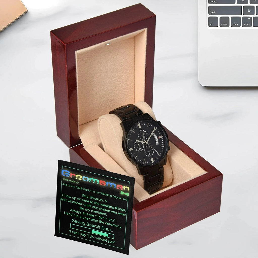Groomsman Wedding Day Gift - Saving Search Data - Black Chronograph Watch