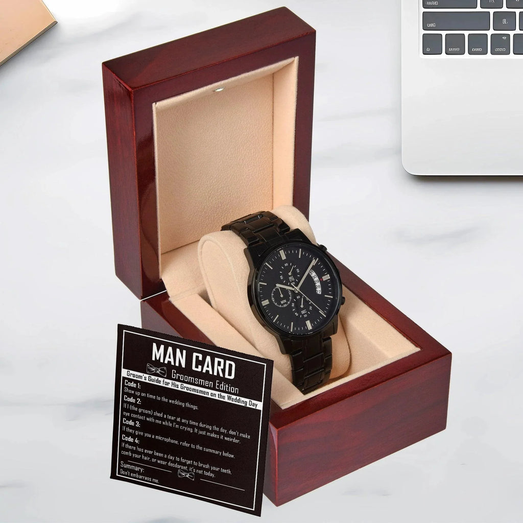 Groomsman Proposal Wedding Day Gift - Man Card - Black Chronograph Watch