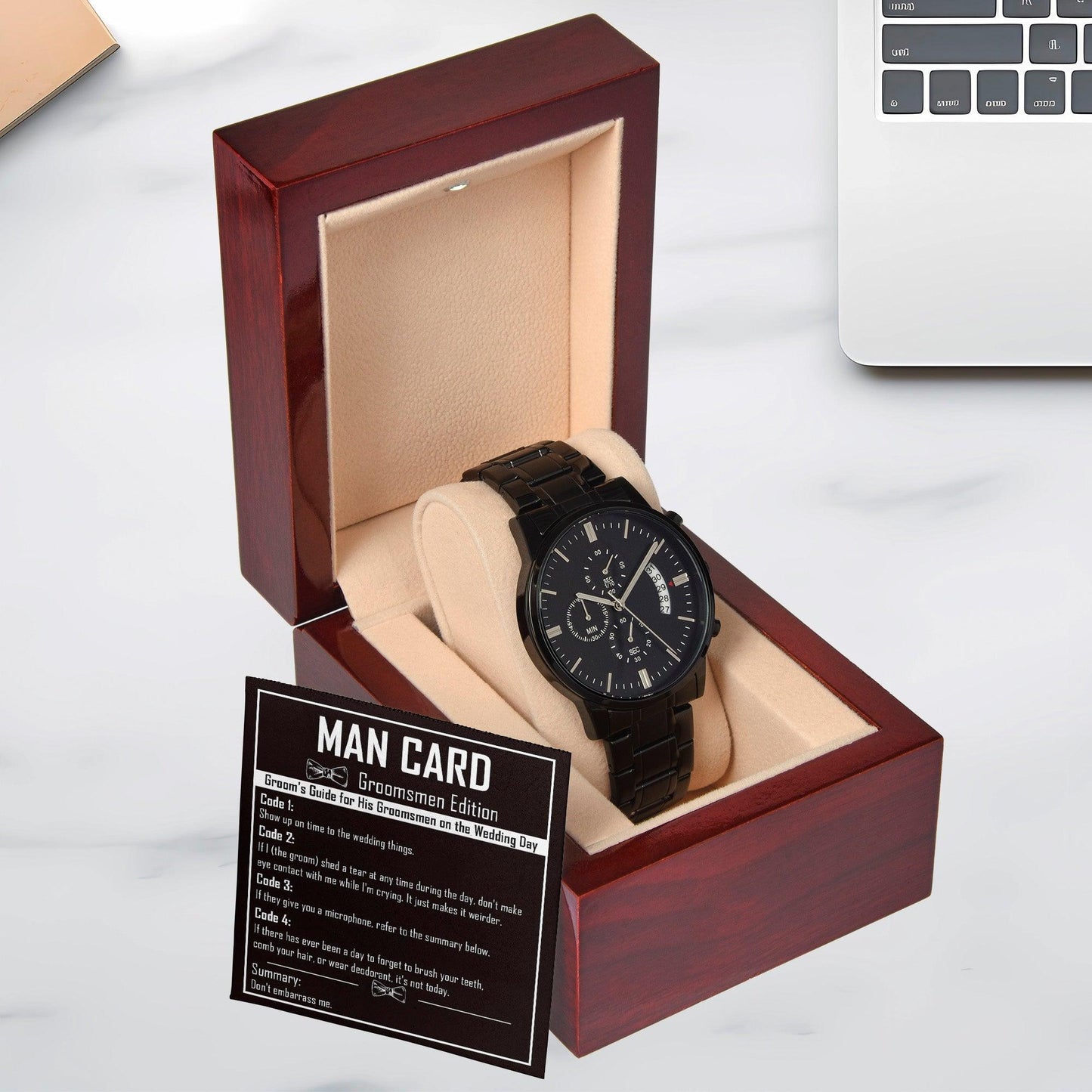 Groomsman Proposal Wedding Day Gift - Man Card - Black Chronograph Watch - Mallard Moon Gift Shop