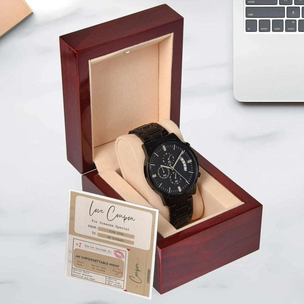 Husband Wedding Day Gift - Coupon Book - Black Chronograph Watch