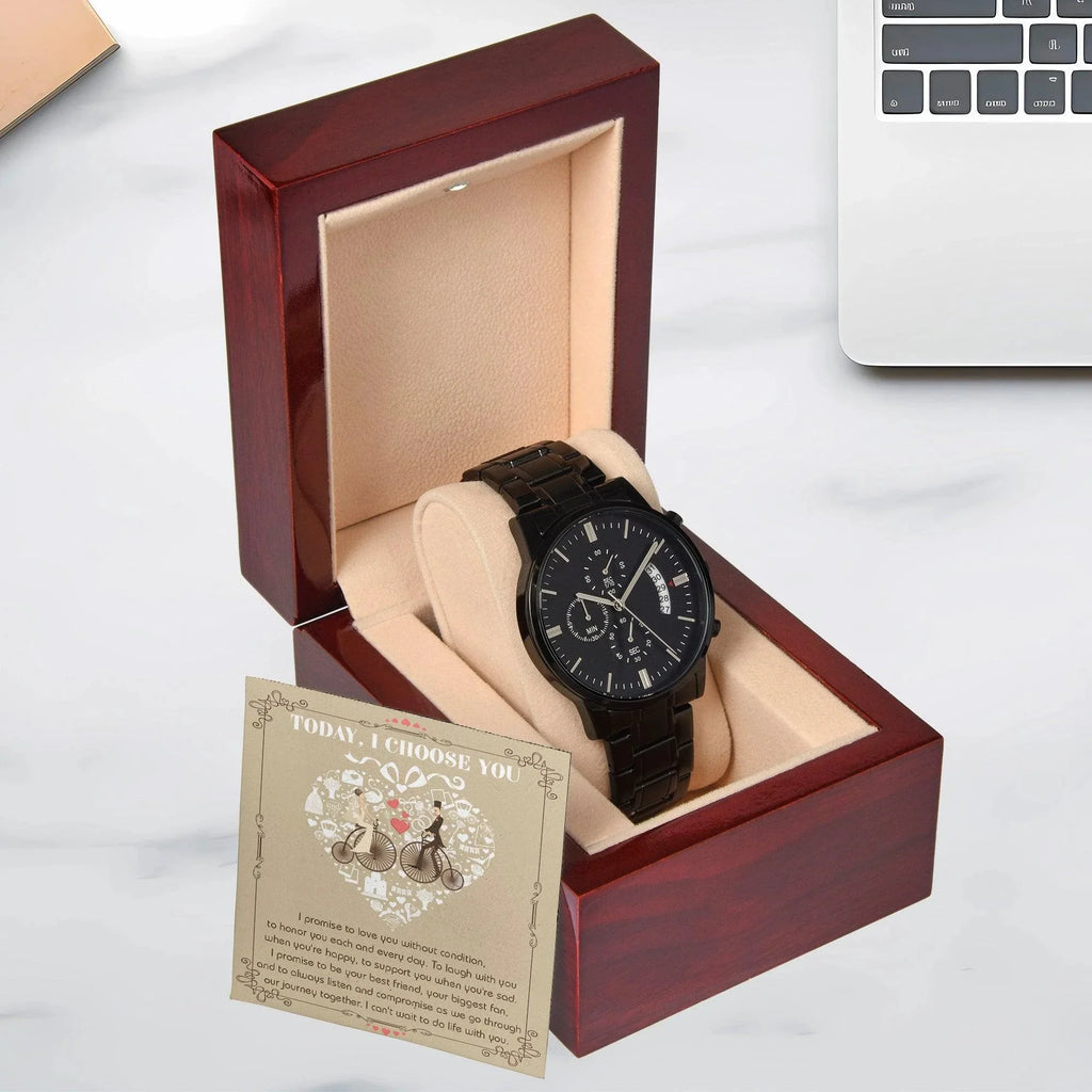 Husband Wedding Day Gift - I Choose You - Black Chronograph Watch