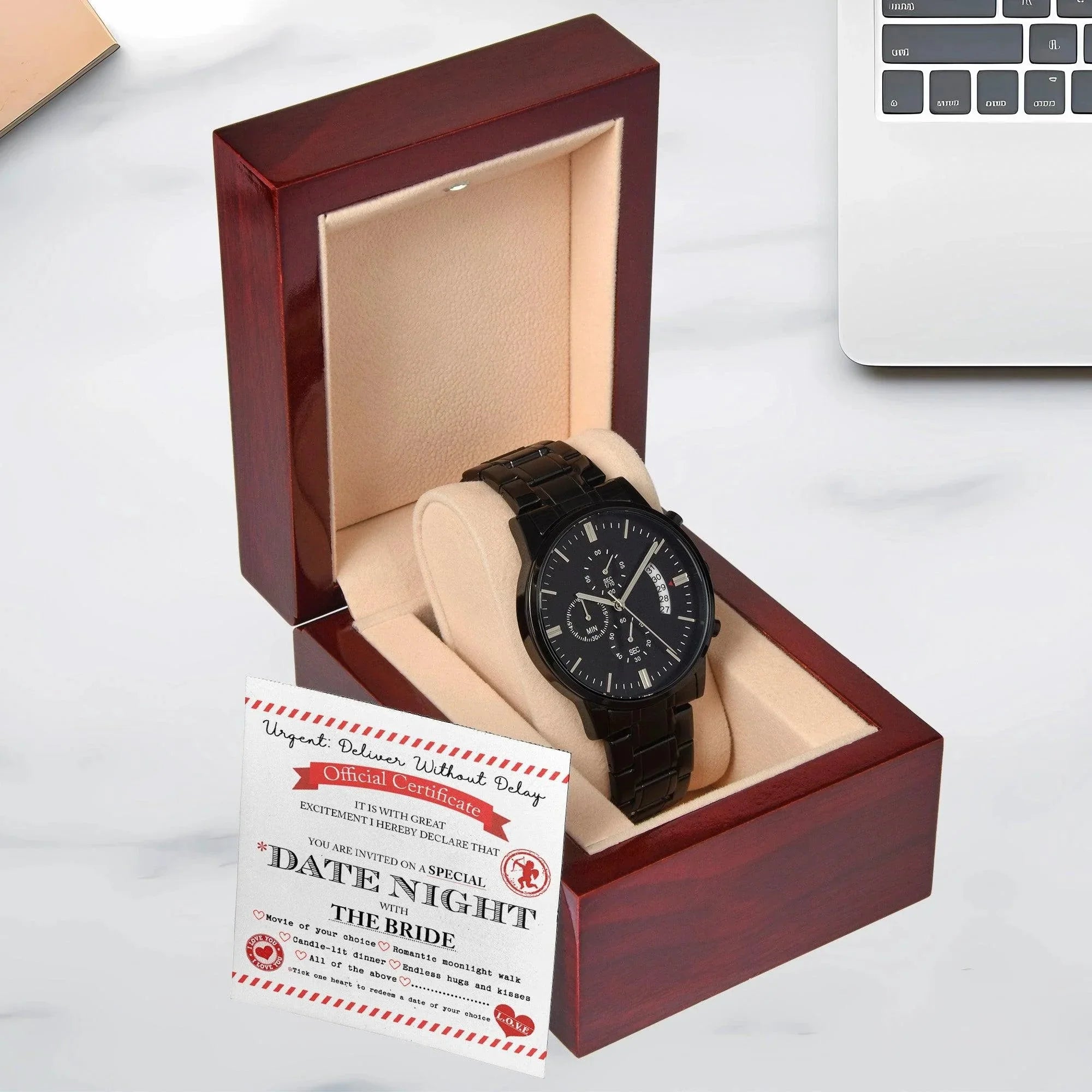 Groom Wedding Day Gift - Date Night - Black Chronograph Watch