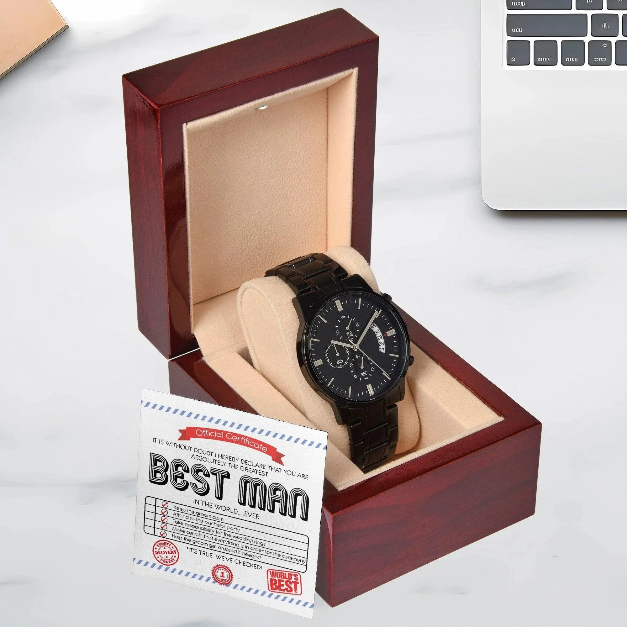 Best Man Wedding Day Gift - Official Certificate - Black Chronograph Watch