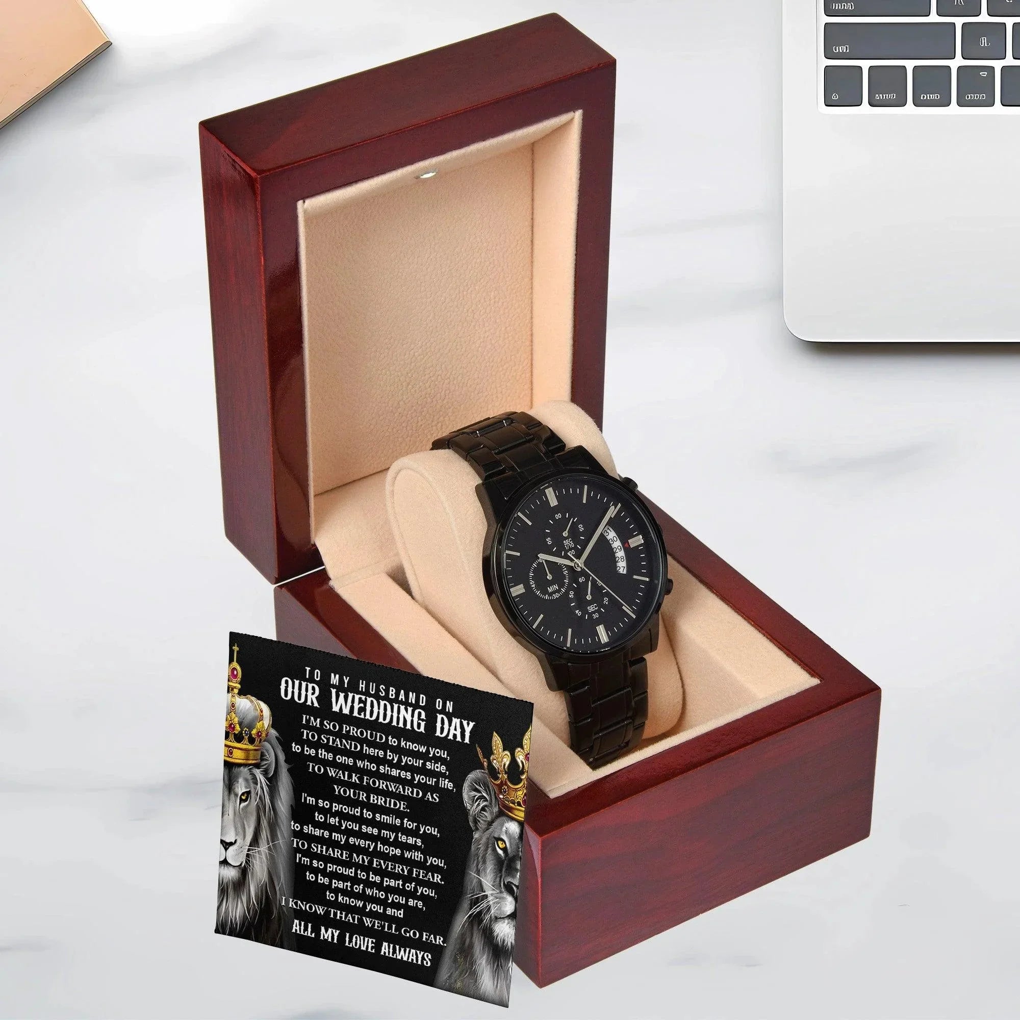 Husband Wedding Day Gift-By Your Side-Black Chronograph Watch