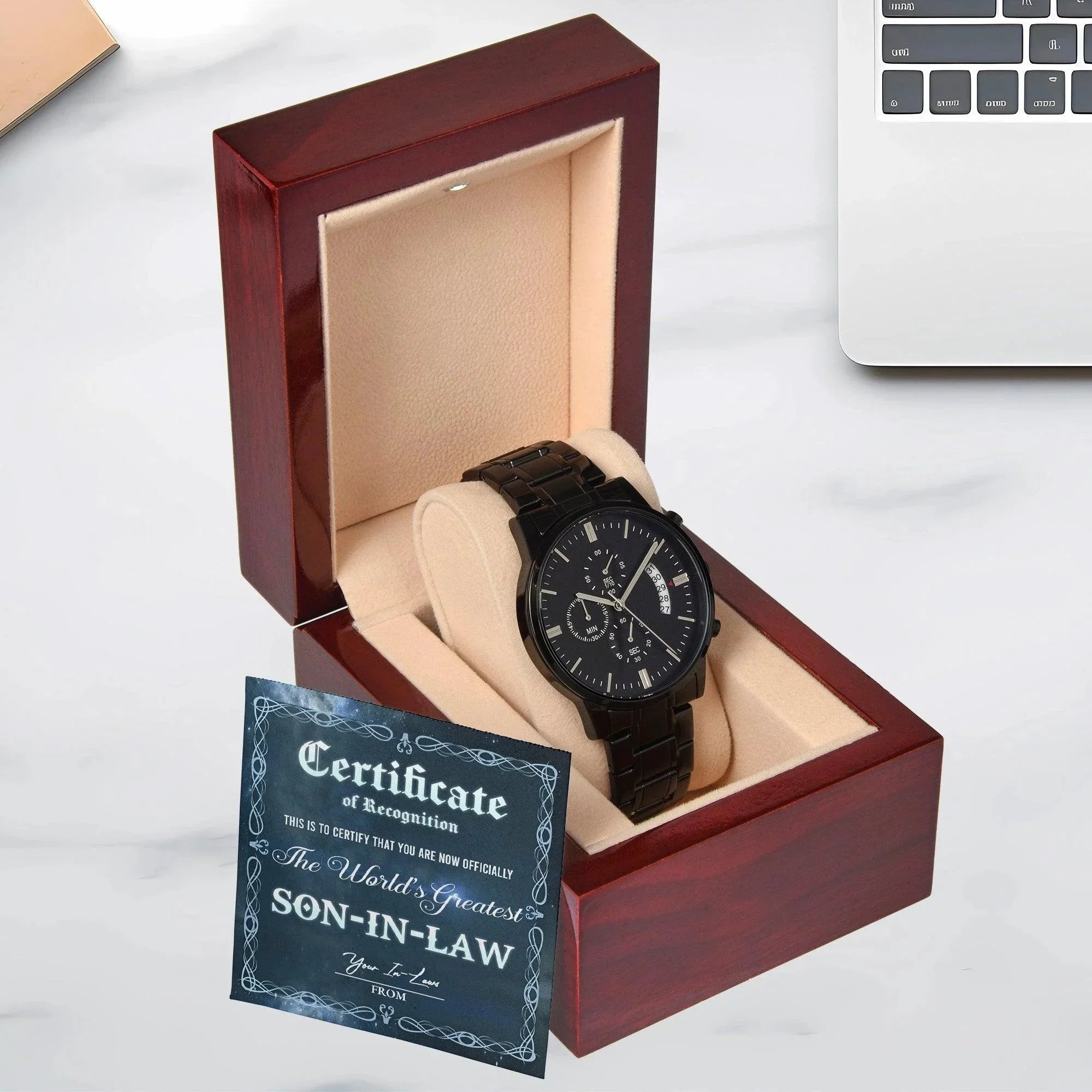 Son-In-Law Wedding Day Gift-Certificate Of Achievement-Black Chronograph Watch