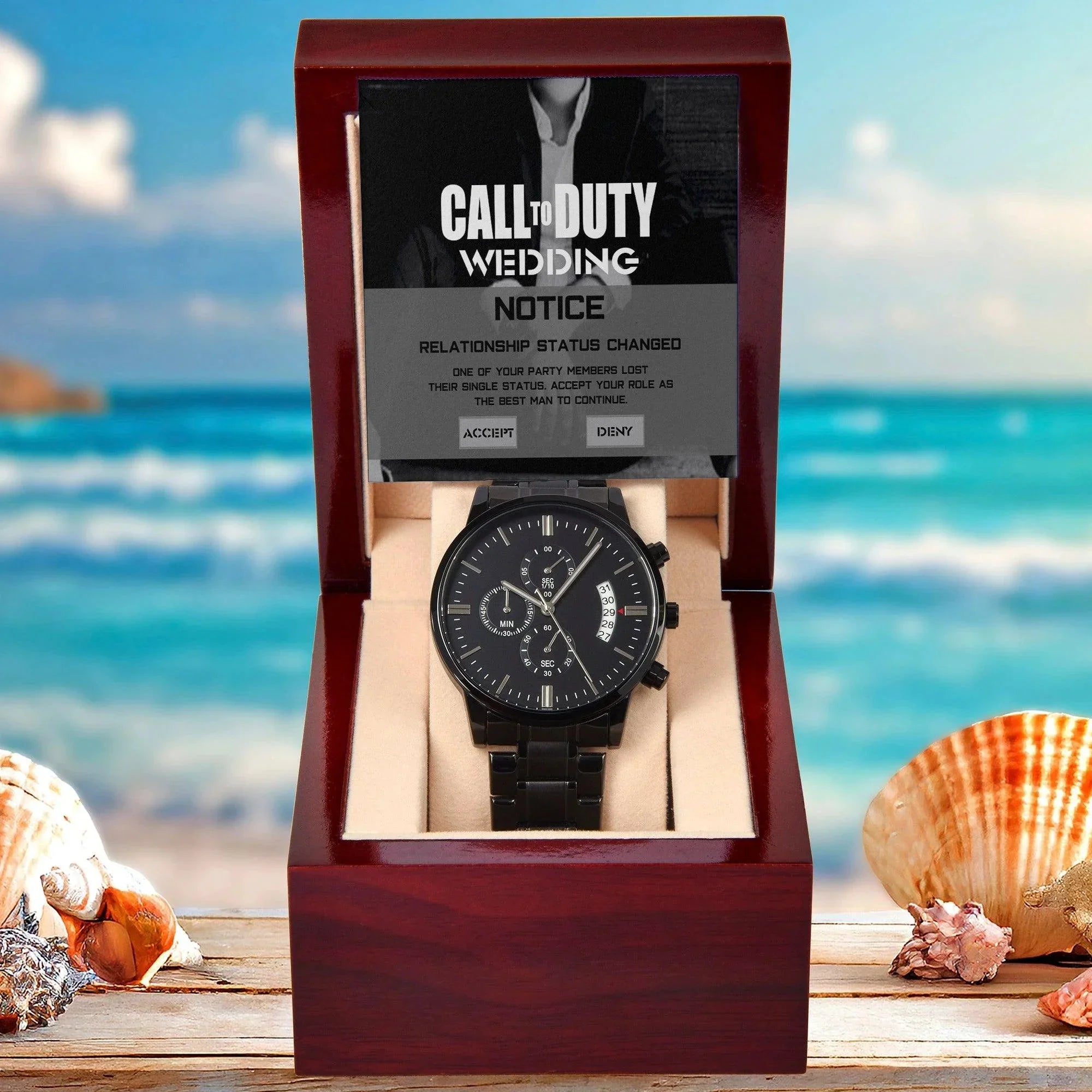 Best Man Proposal Wedding Invite - Called to Duty - Time to Suit Up - Black Chronograph Watch