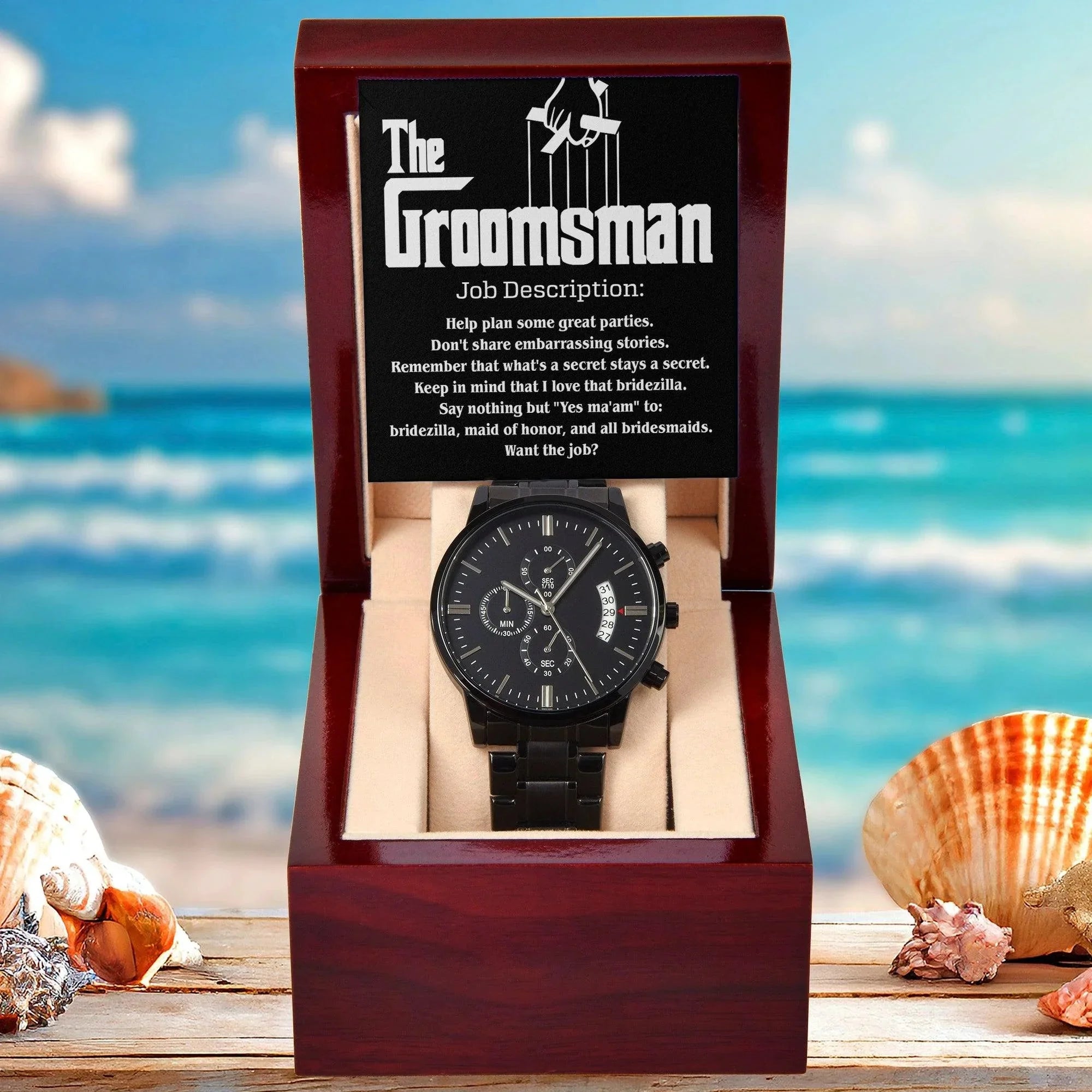 Groomsman Job Description Secrets Stay a Secret - Black Chronograph Watch Wedding Proposal from Groom