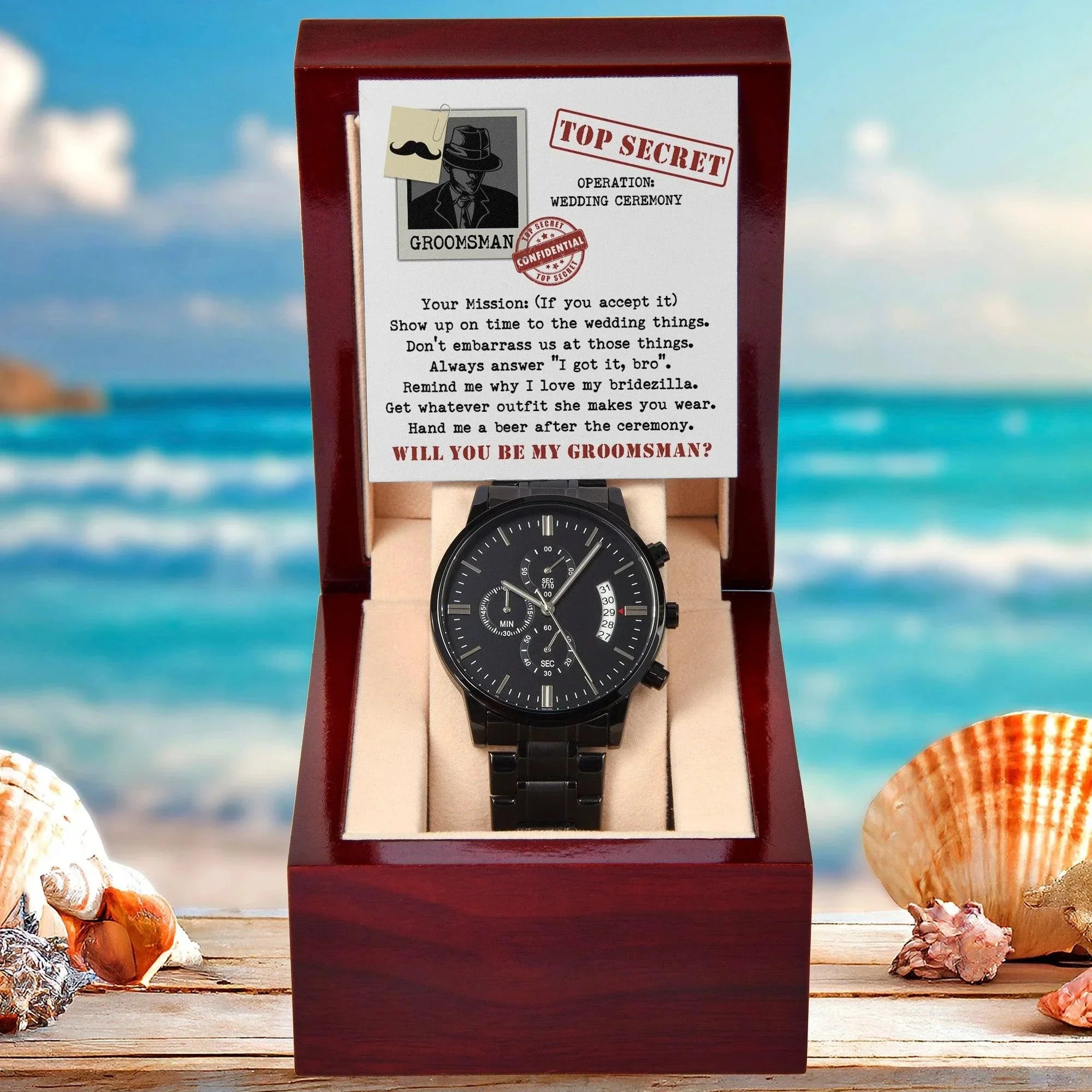 Groomsman Top Secret Mission - Black Chronograph Watch Gift Wedding Proposal Invite from Groom