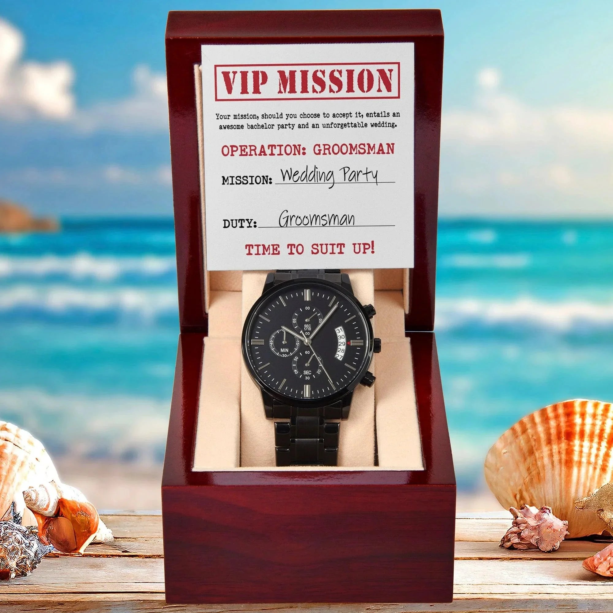 Groomsman Wedding Invite - VIP Mission Operation Groomsman - Black Chronograph Watch