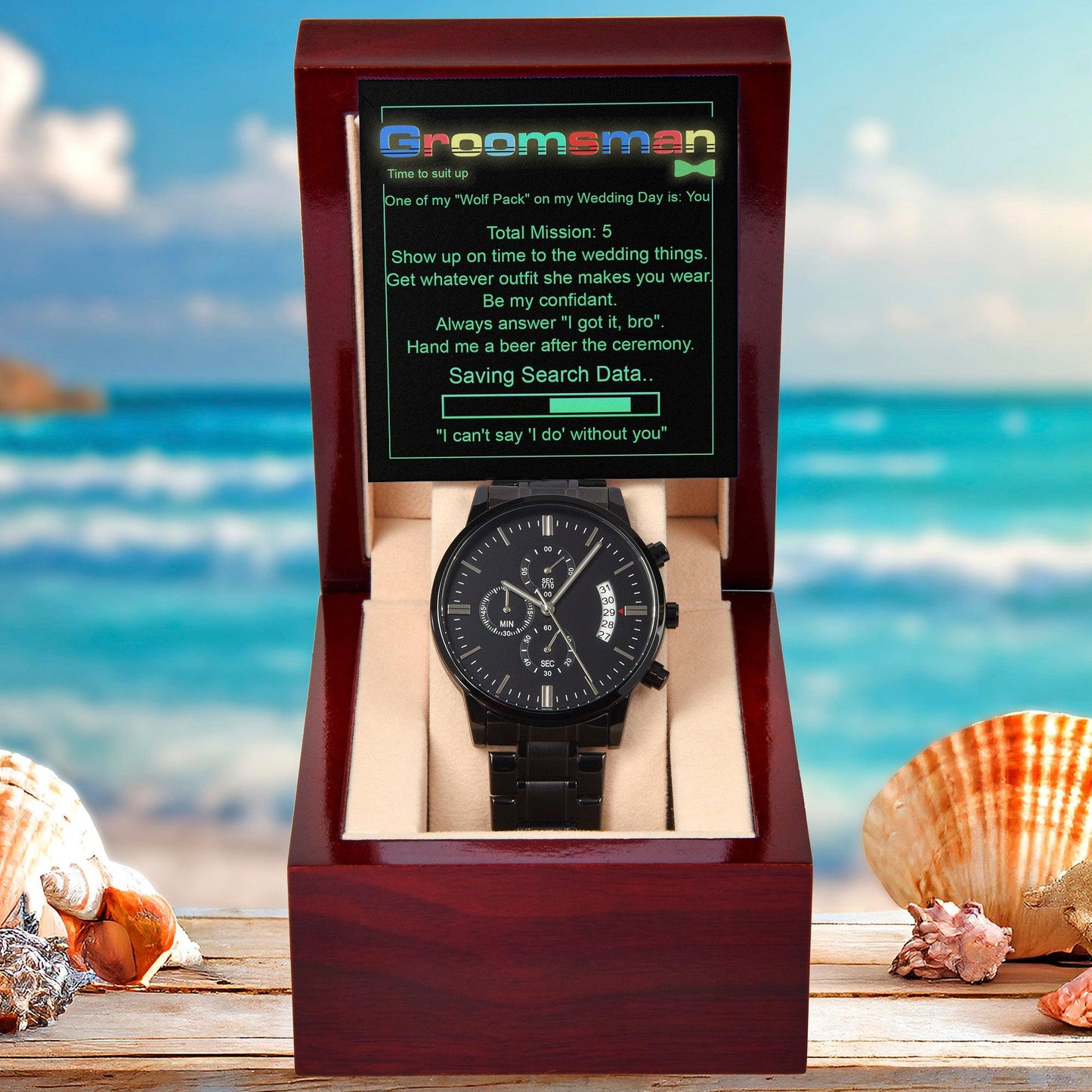 Groomsman Wedding Day Gift - Saving Search Data - Black Chronograph Watch - Mallard Moon Gift Shop