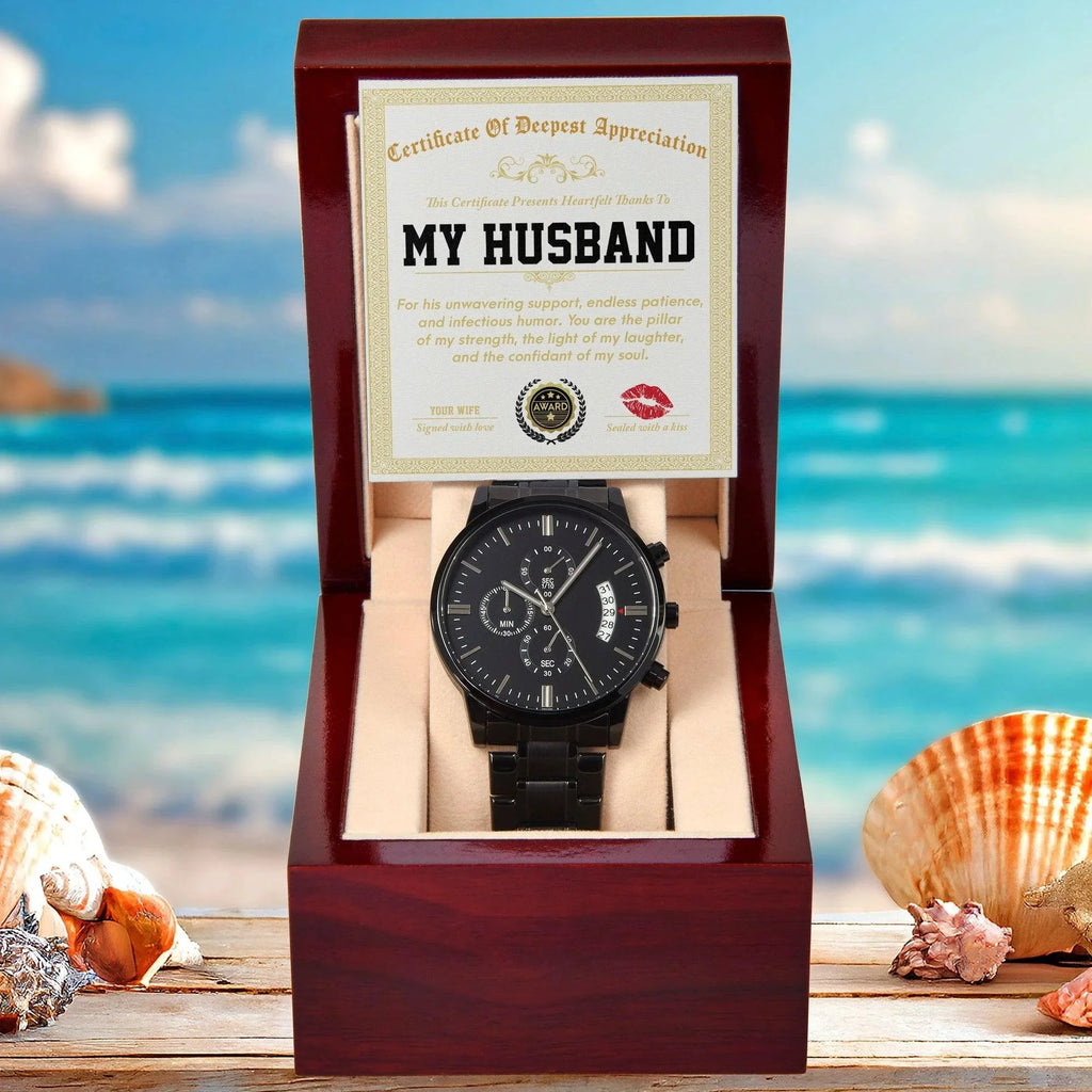 Husband Wedding Day Gift - Deepest Appreciation - Black Chronograph Watch