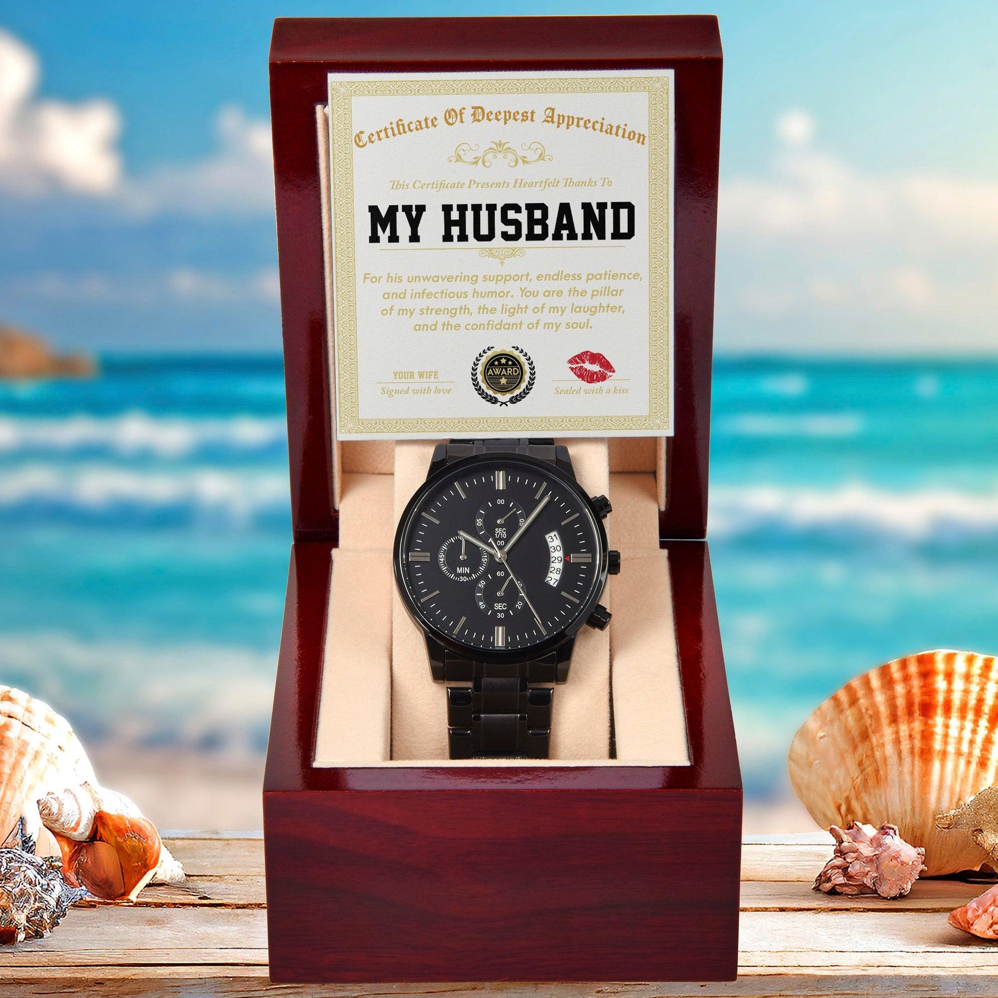 Husband Wedding Day Gift - Deepest Appreciation - Black Chronograph Watch - Mallard Moon Gift Shop