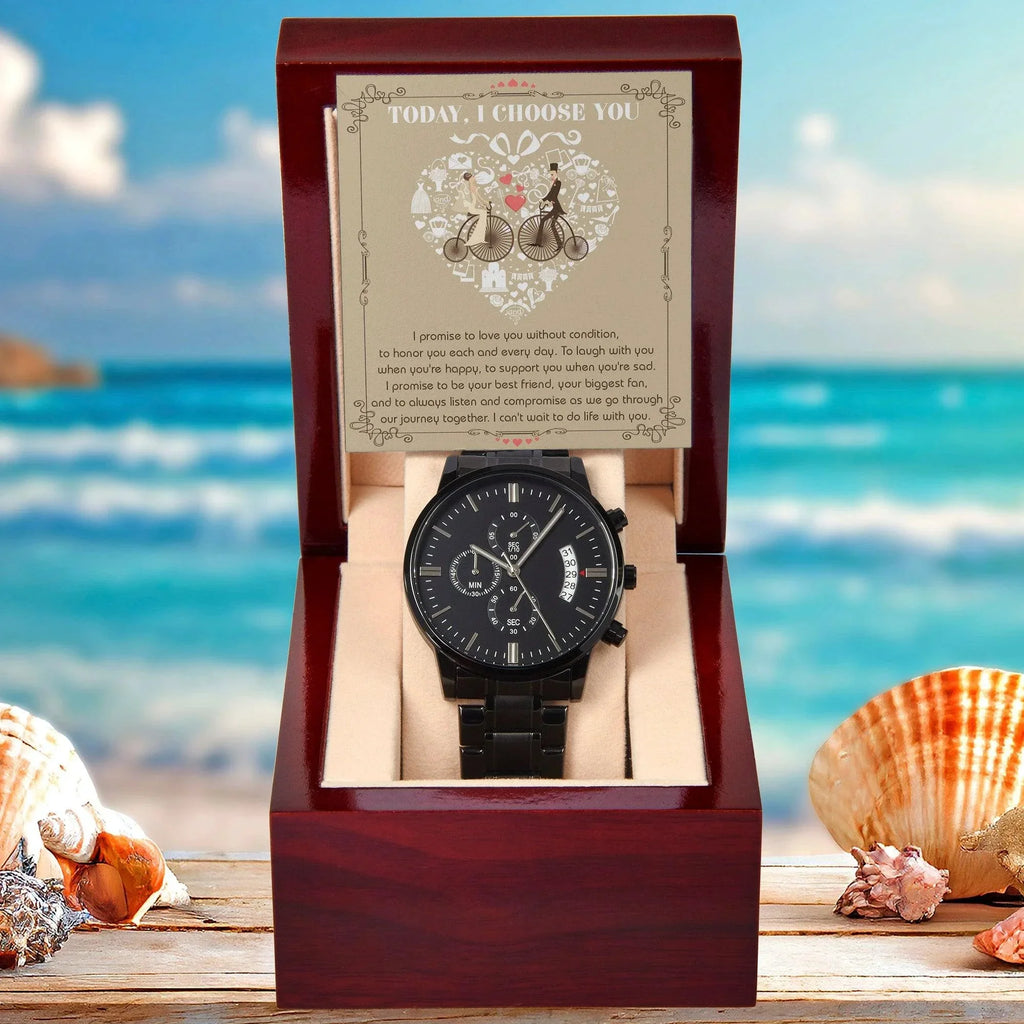 Husband Wedding Day Gift - I Choose You - Black Chronograph Watch