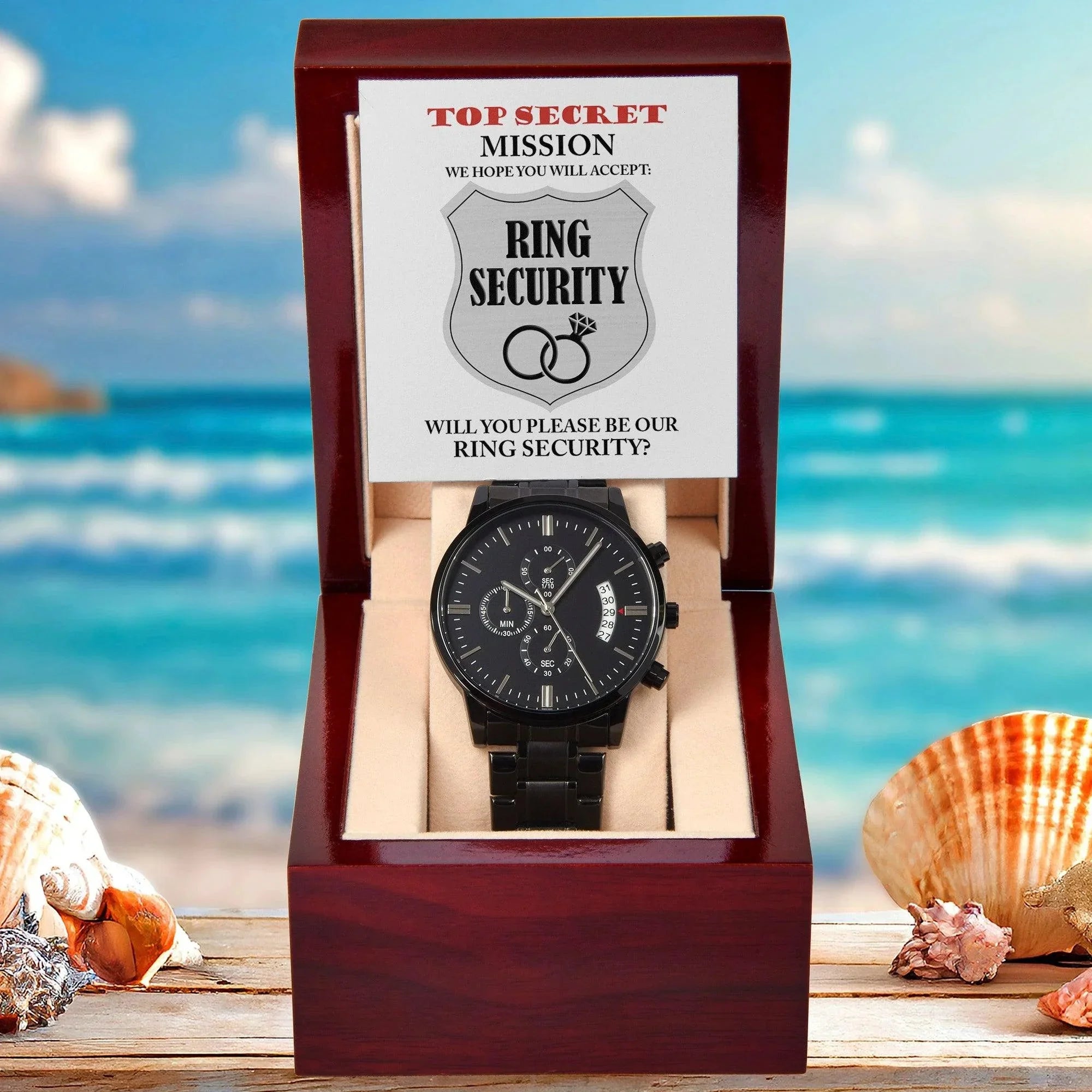 Gift for Best Man Top Secret Mission Ring Security Wedding Party Invite Black Chronograph Watch