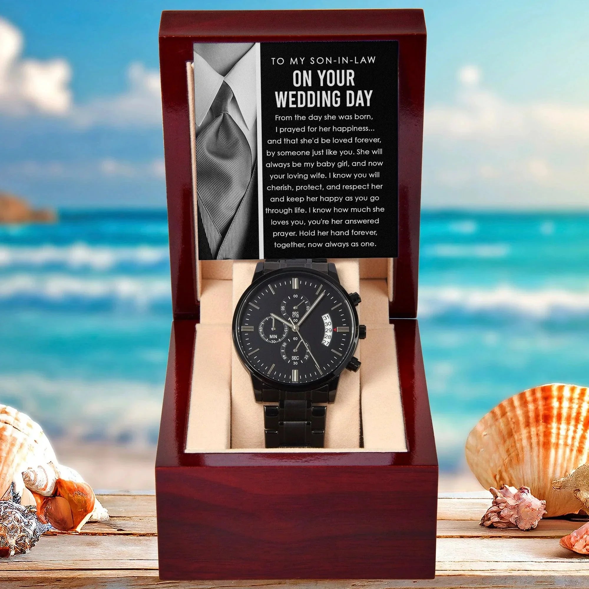 Son-in-Law Wedding Day Gift - Hold Her Hand Forever - Black Chronograph Watch