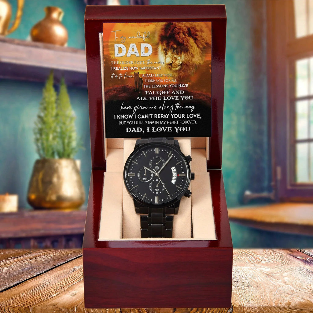 To My Dad Lion Chronograph Watch – Heartfelt Father's Day Gift from Son or Daughter – Black Steel Timepiece with Touching Message Card – "I Can't Repay Your Love, Dad, I Love You"