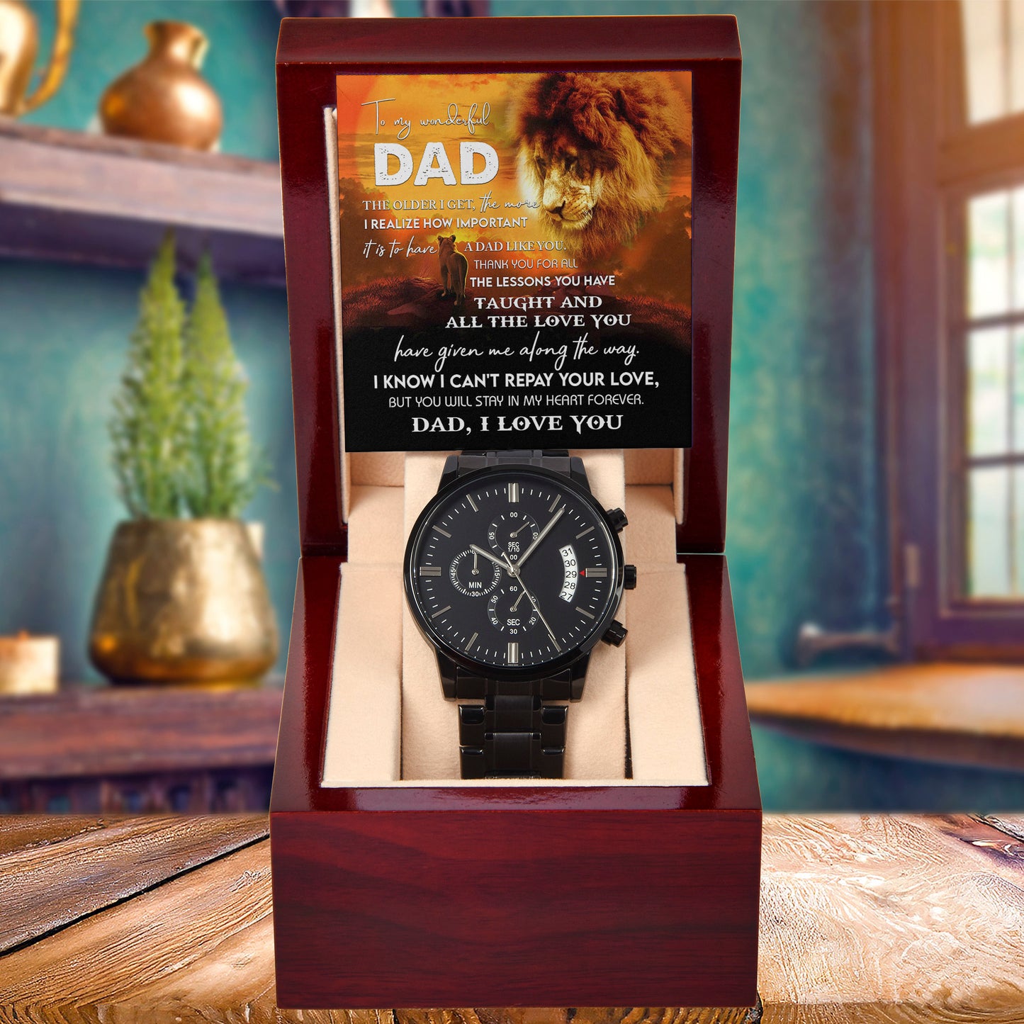 To My Dad Lion Chronograph Watch – Heartfelt Father's Day Gift from Son or Daughter – Black Steel Timepiece with Touching Message Card – "I Can't Repay Your Love, Dad, I Love You" - Mallard Moon Gift Shop