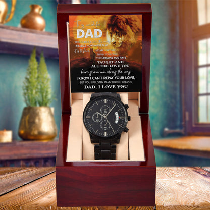 To My Dad Lion Chronograph Watch – Heartfelt Father's Day Gift from Son or Daughter – Black Steel Timepiece with Touching Message Card – "I Can't Repay Your Love, Dad, I Love You" - Mallard Moon Gift Shop