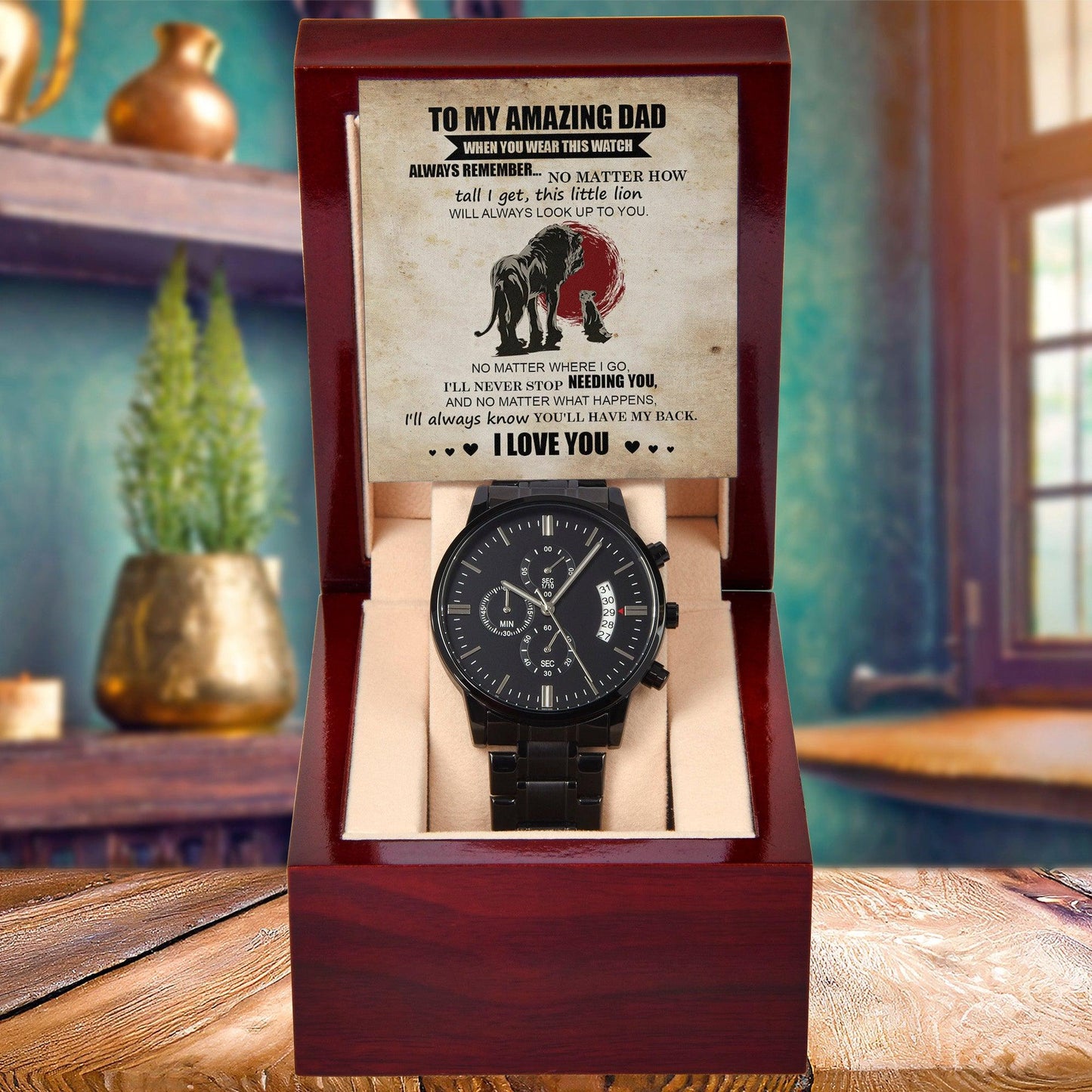Dad Gift - This Little Lion Will Always Look Up to You - Black Chronograph Watch - Mallard Moon Gift Shop