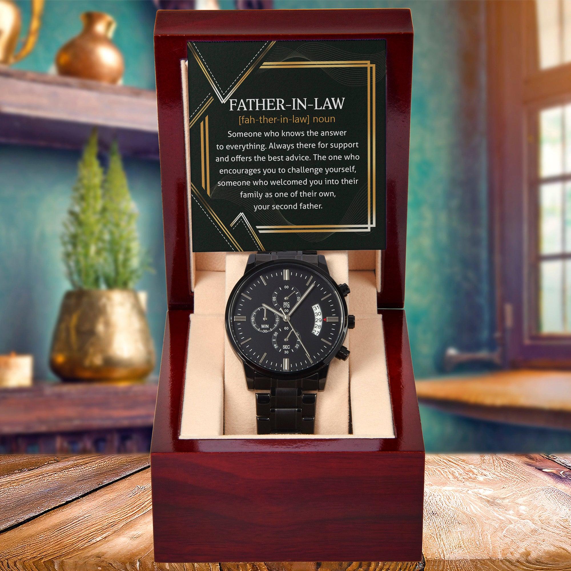 Gift for Father-in-Law - Definition: Someone Who Knows the Answer - Black Chronograph Watch - Mallard Moon Gift Shop