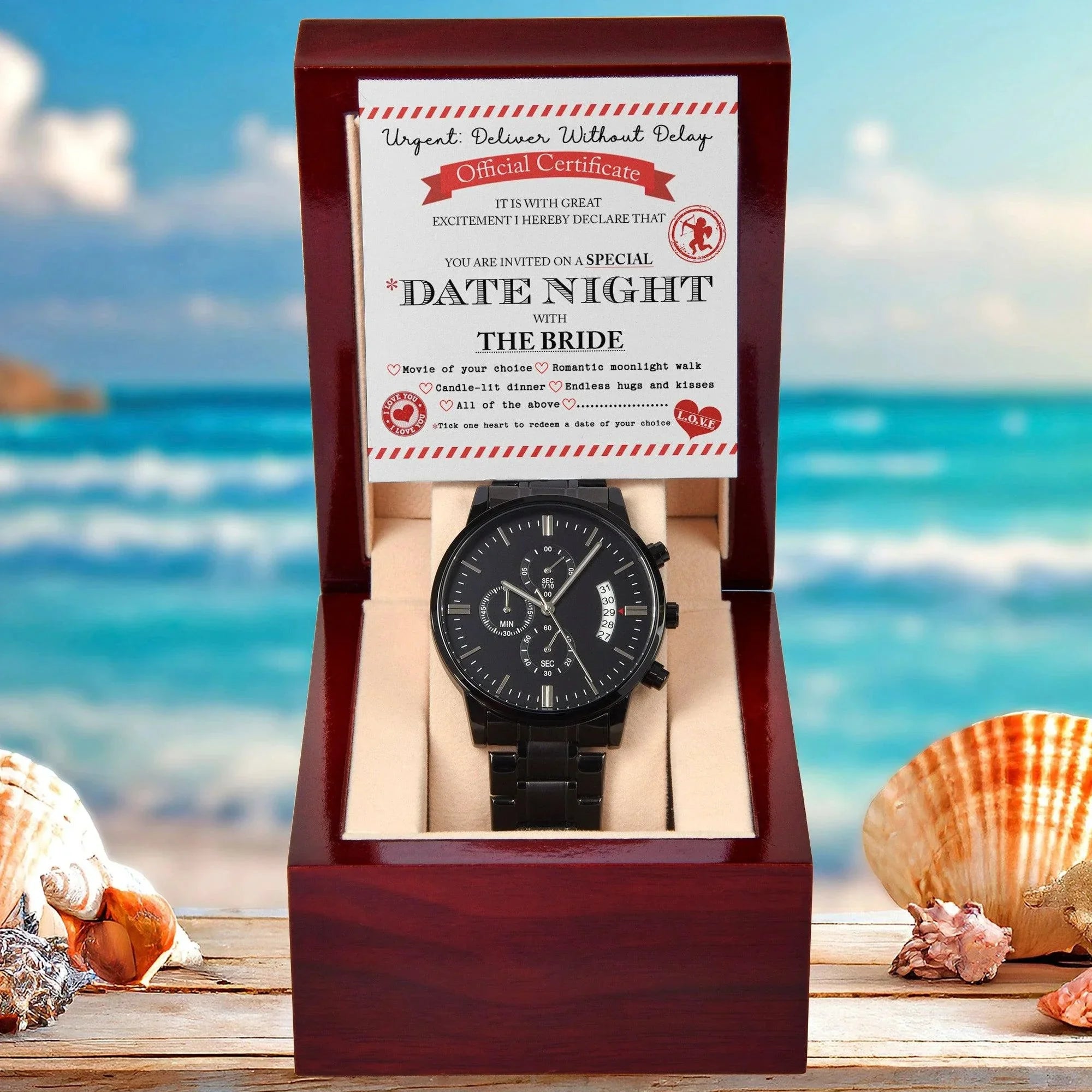 Groom Wedding Day Gift - Date Night - Black Chronograph Watch