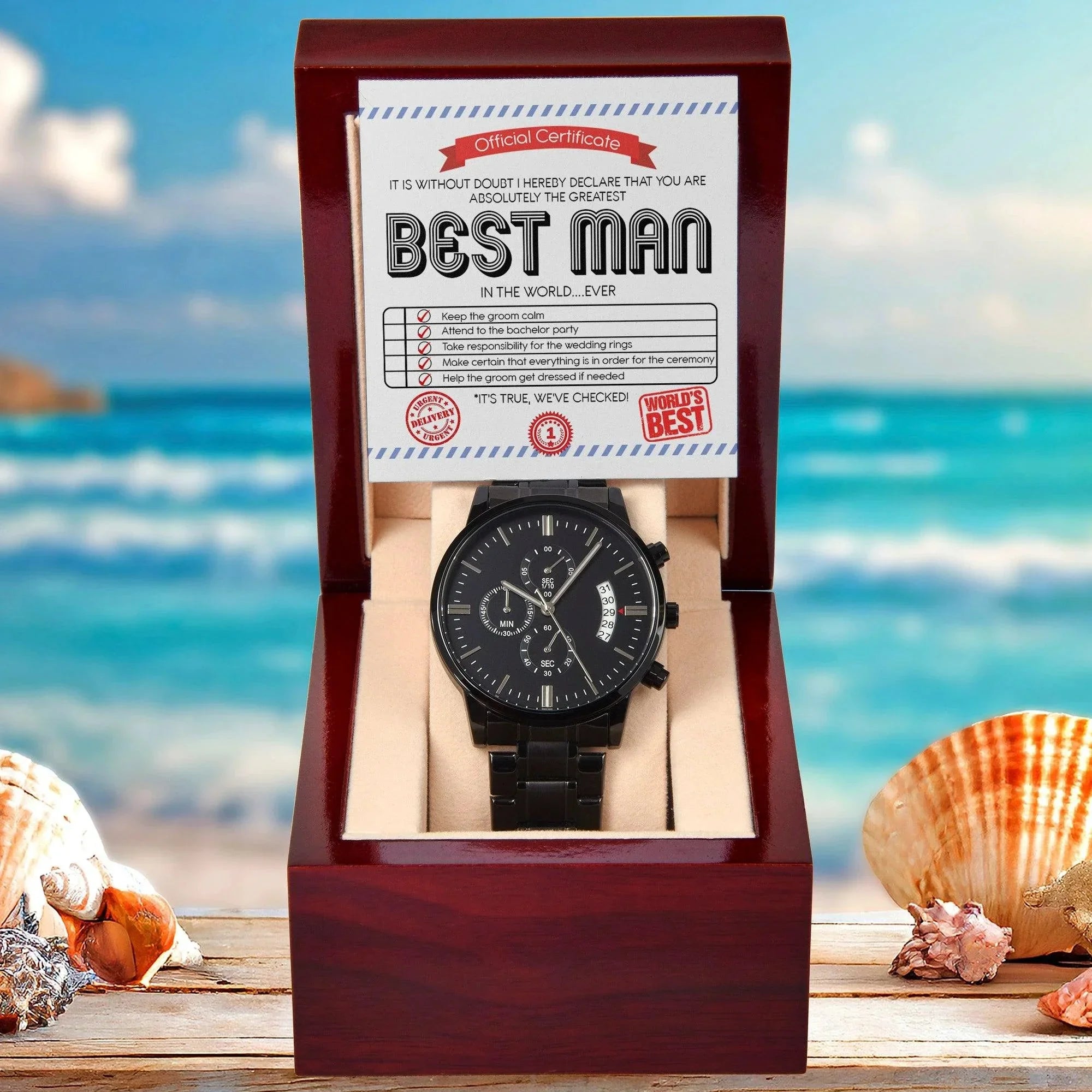 Best Man Wedding Day Gift - Official Certificate - Black Chronograph Watch