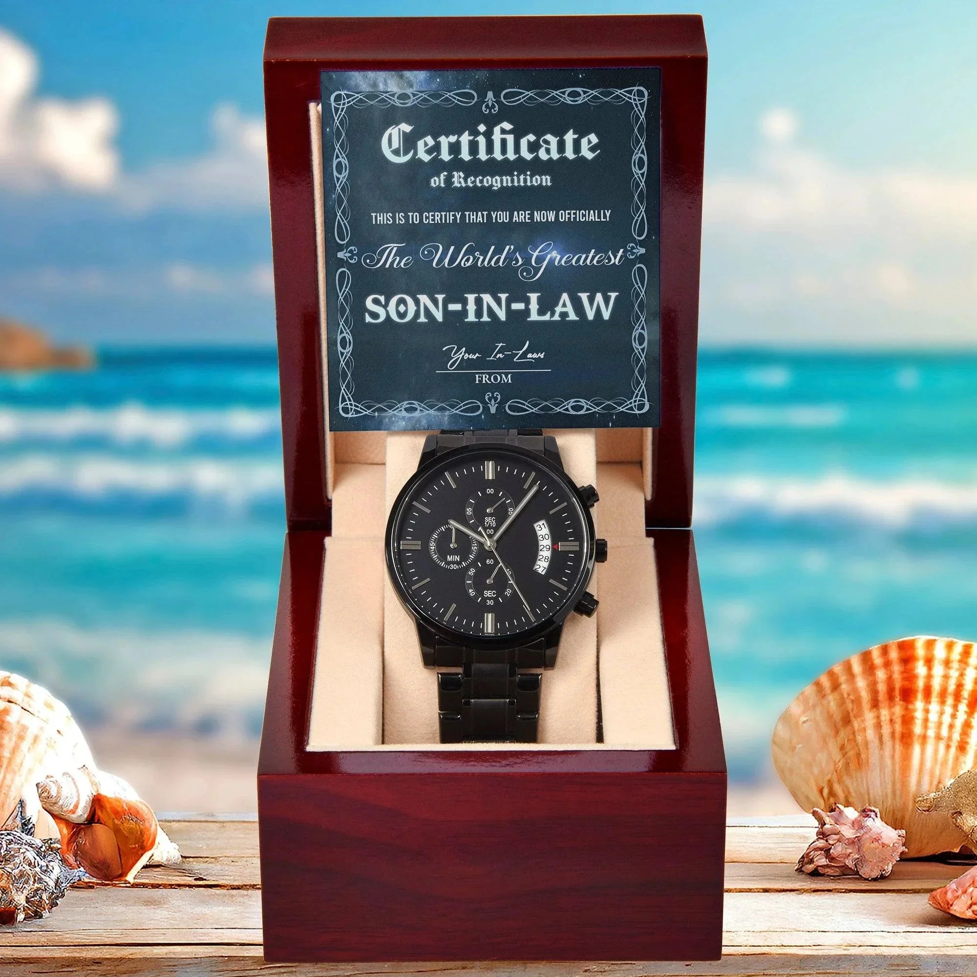 Son-In-Law Wedding Day Gift-Certificate Of Achievement-Black Chronograph Watch