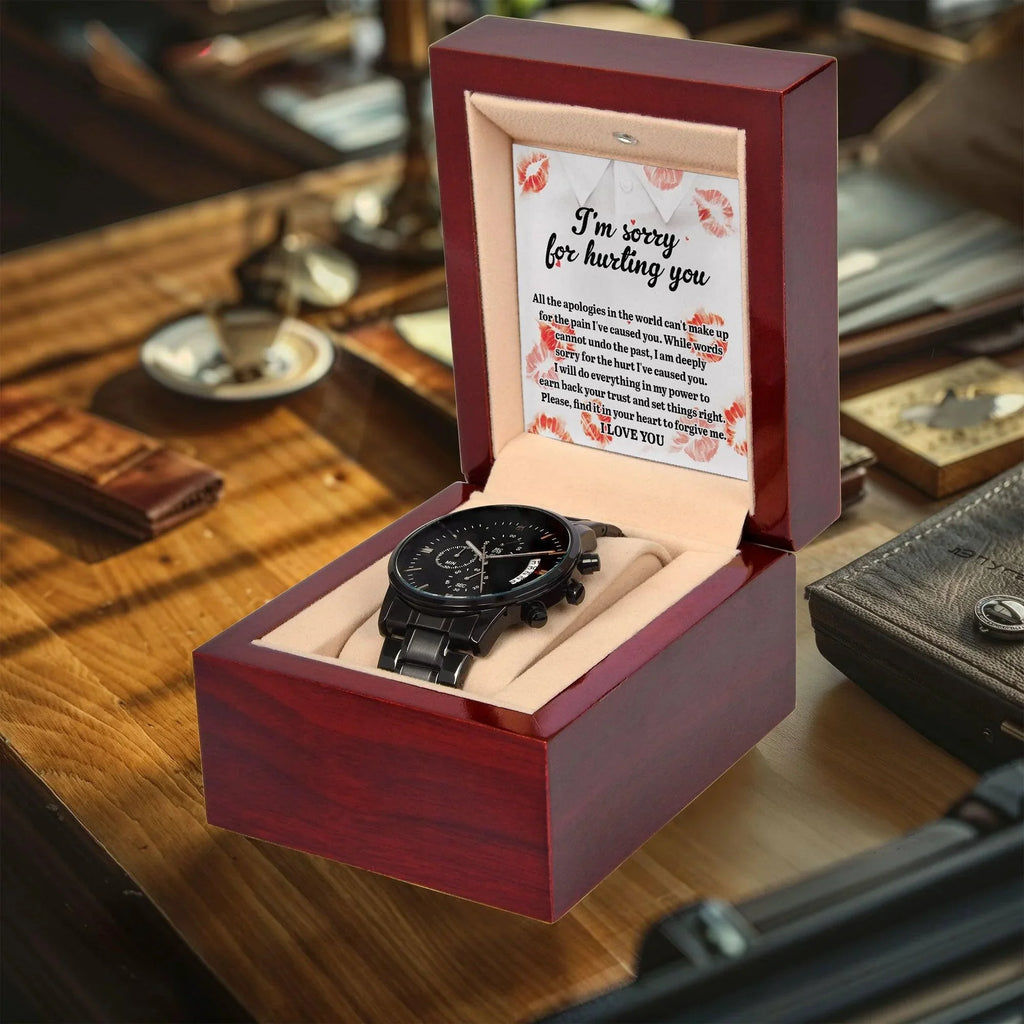 Apology Gift for Him "I'm Sorry for Hurting You" – Romantic Black Chronograph Watch with Heartfelt Message Card | Forgiveness Gift for Husband, Boyfriend, or Partner