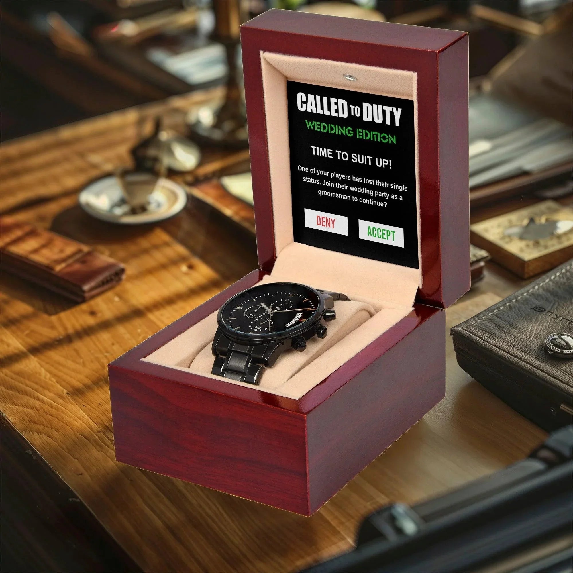 Groomsman Called To Duty Time to Suit Up Wedding Party Invite Black Chronograph Watch