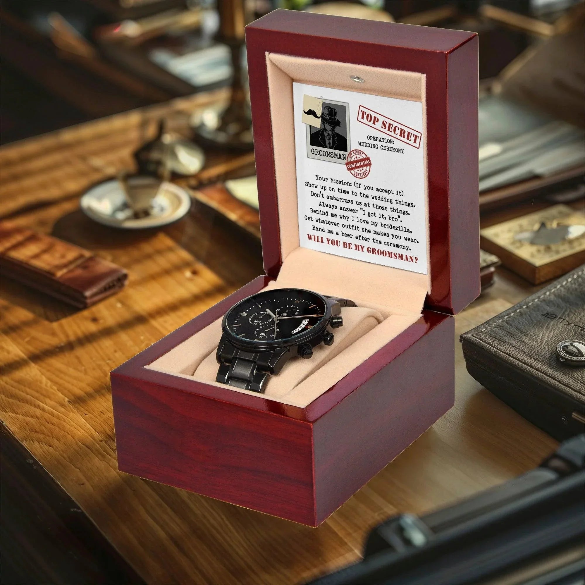 Groomsman Top Secret Mission - Black Chronograph Watch Gift Wedding Proposal Invite from Groom