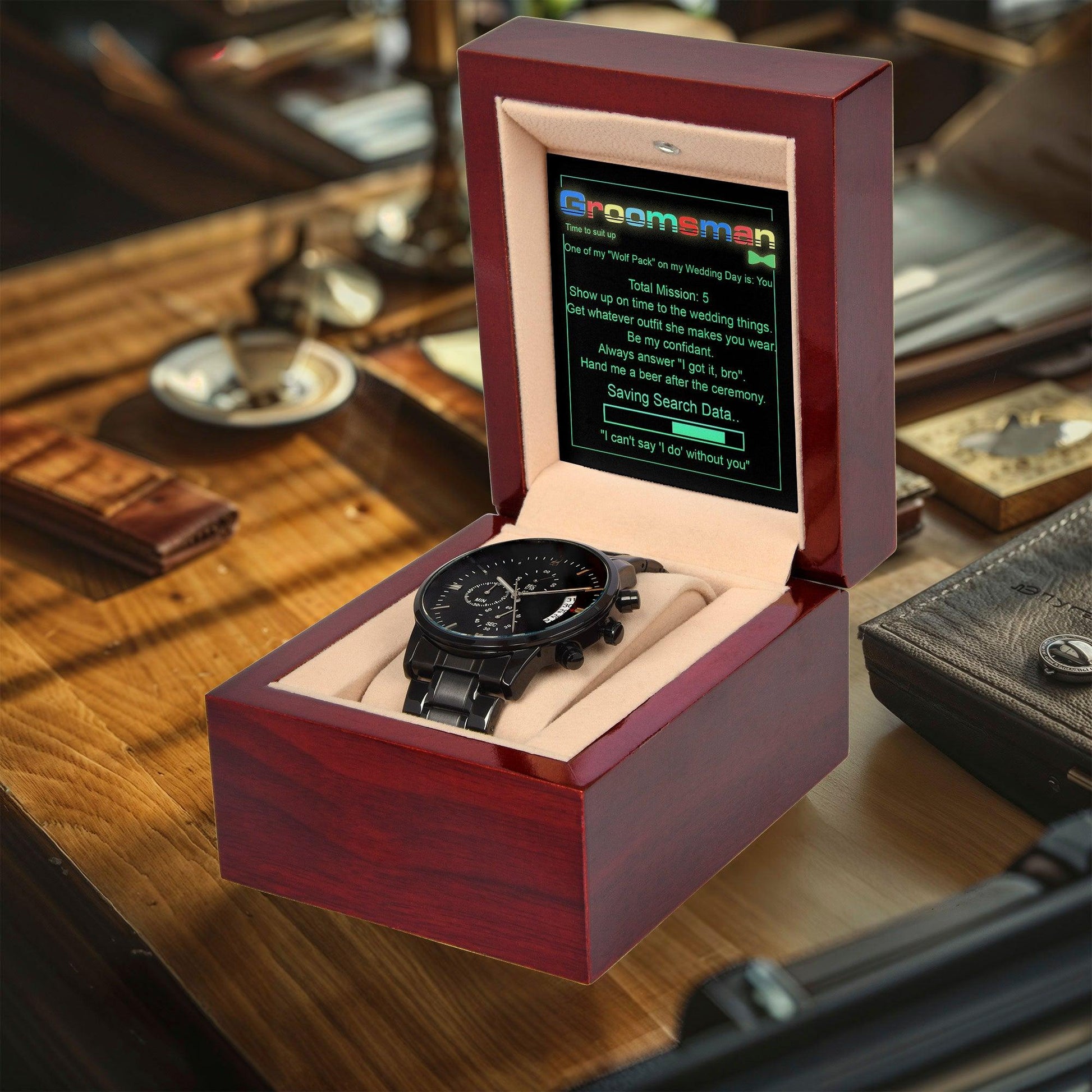 Groomsman Wedding Day Gift - Saving Search Data - Black Chronograph Watch - Mallard Moon Gift Shop