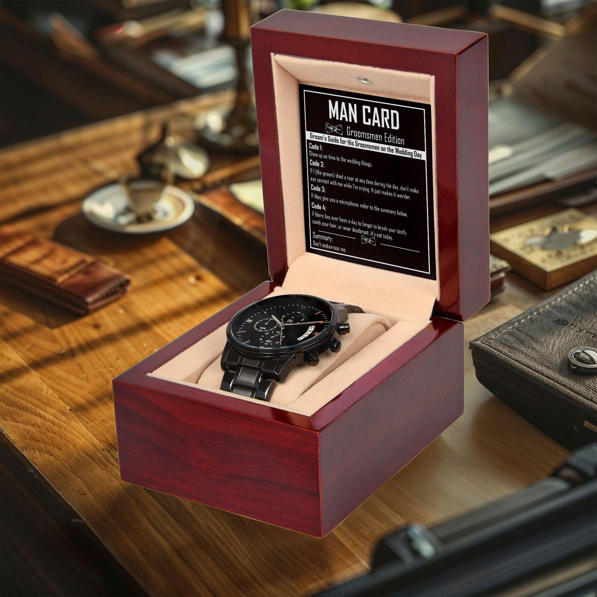 Groomsman Proposal Wedding Day Gift - Man Card - Black Chronograph Watch - Mallard Moon Gift Shop