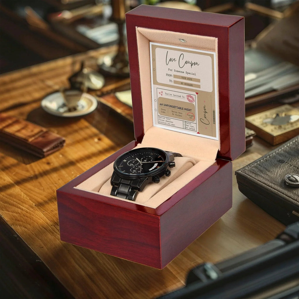 Husband Wedding Day Gift - Coupon Book - Black Chronograph Watch