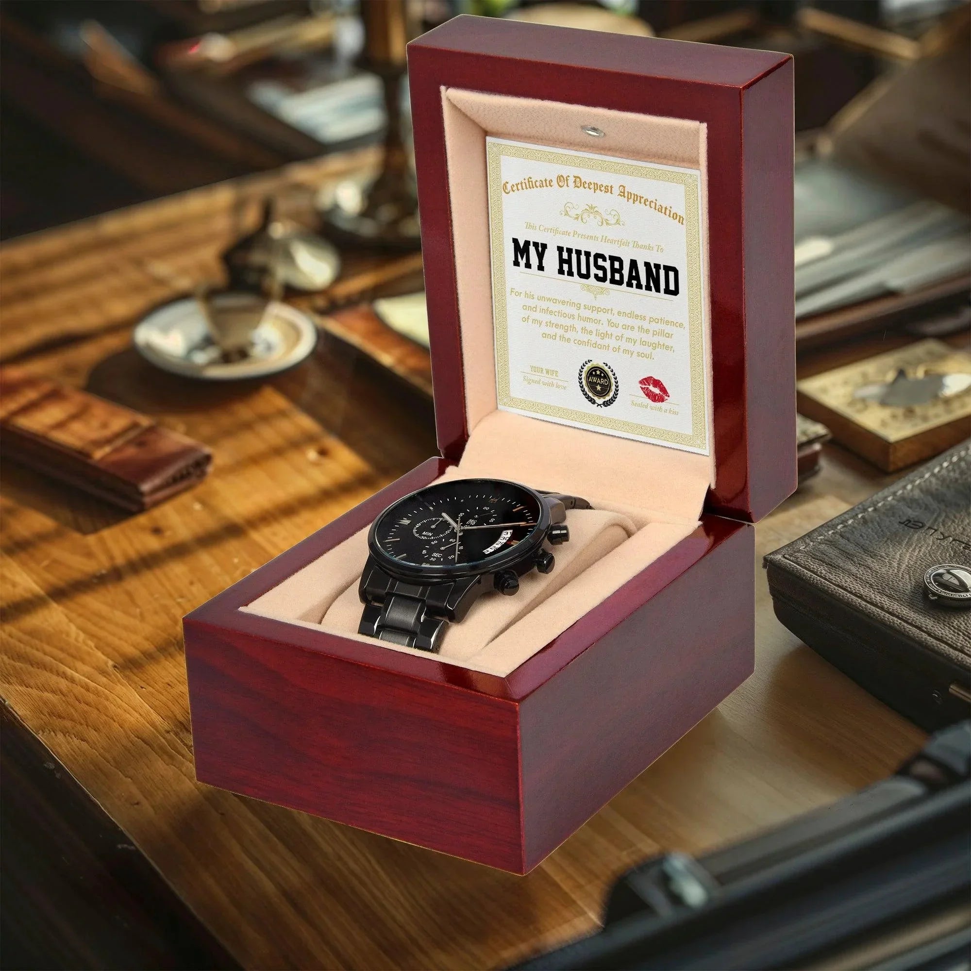 Husband Wedding Day Gift - Deepest Appreciation - Black Chronograph Watch