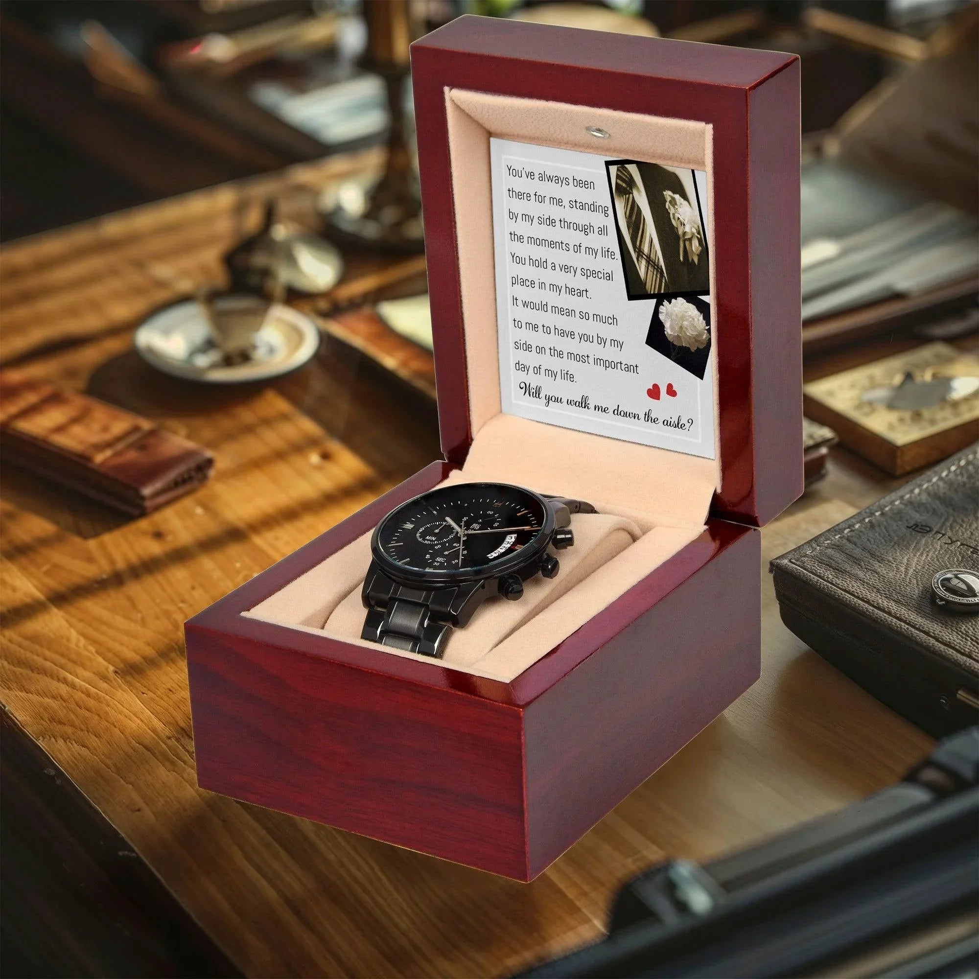 Father of the Bride Gift Will You Walk Me Down the Wedding Aisle Black Chronograph Watch