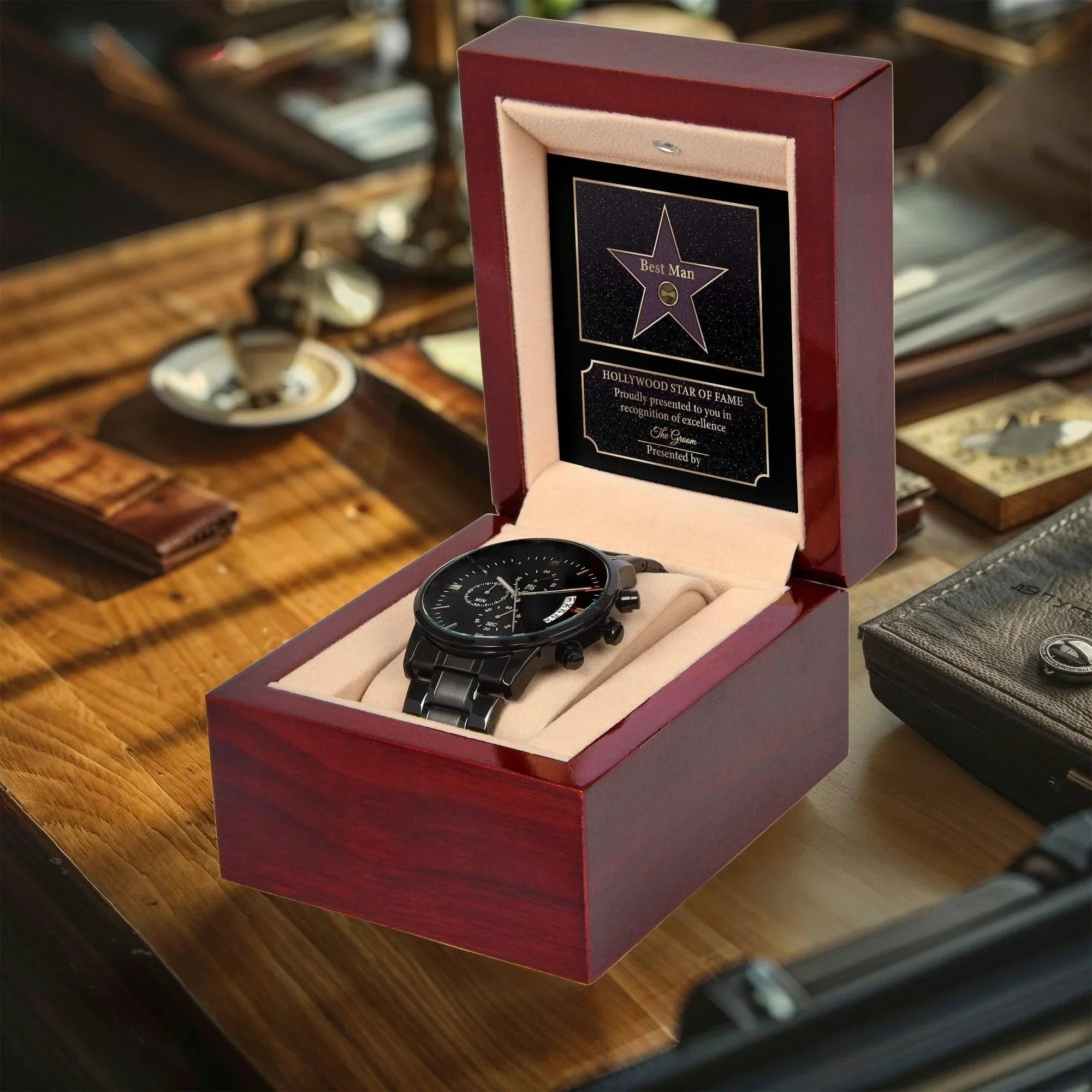 Husband Wedding Day Gift-Best Man-Star Of Fame-Black Chronograph Watch
